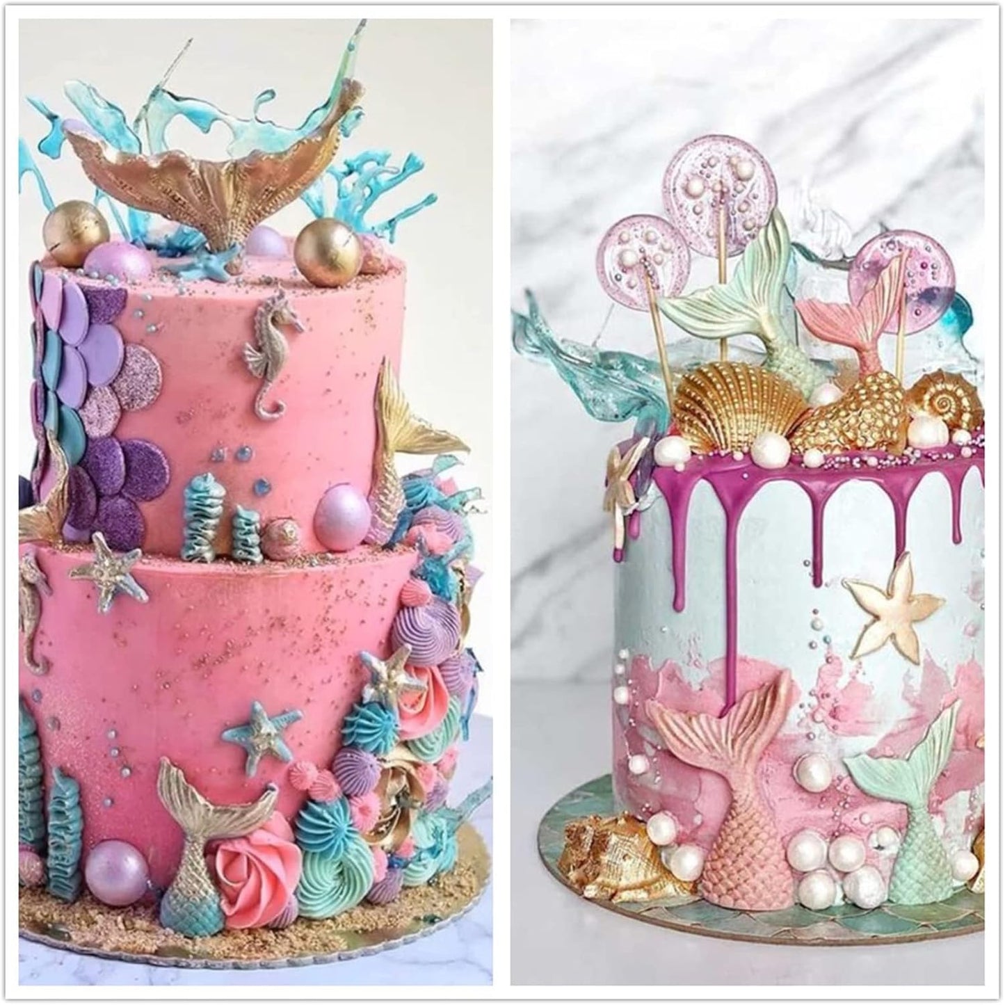 MEMOVAN Mermaid Theme Cake Fondant Mold 3pcs Seahorse Seashell Starfish Mermaid Tail Under the Sea Silicone Baking Mold for Chocolate Candy Cake Decoration Polymer Clay Gum Paste Craft