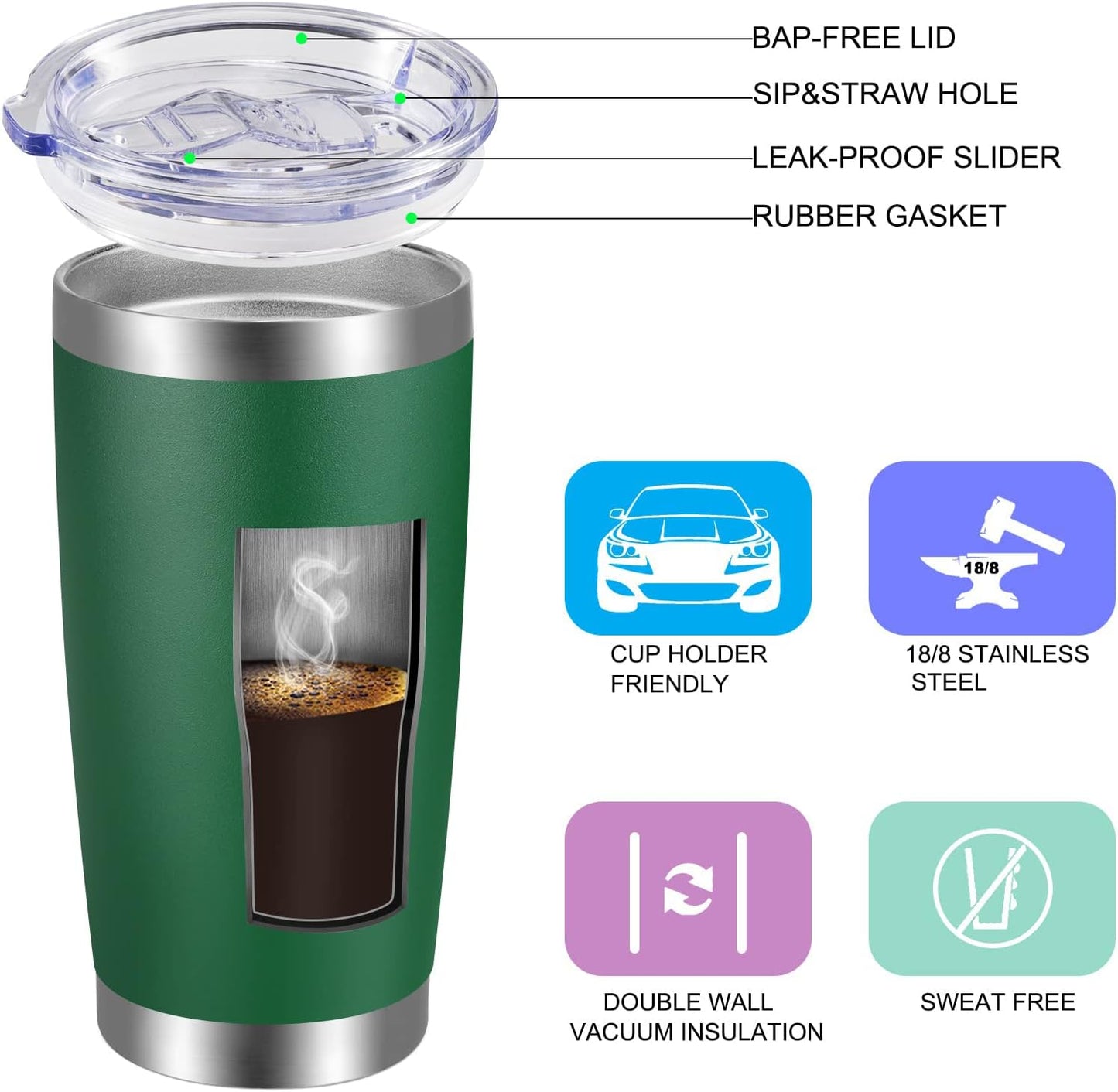 VEGOND 20oz Tumbler with Lid and Straw Stainless Steel Tumbler Cup Bulk Vacuum Insulated Double Wall Travel Coffee Mug Powder Coated Coffee Cup(Powder Green 12 Pack)