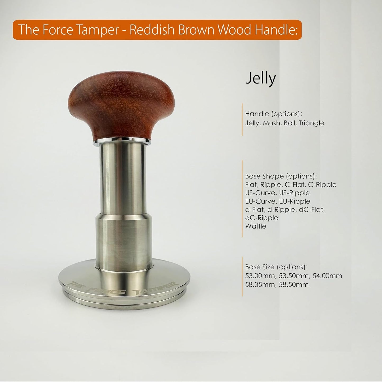 The Force Tamper Automatic Impact Adjustable Constant Pressure and Autoleveling Coffee Tamper Reddish Brown Jellyfish Wooden Handle Set Pro (Extend Set, 53.50mm)