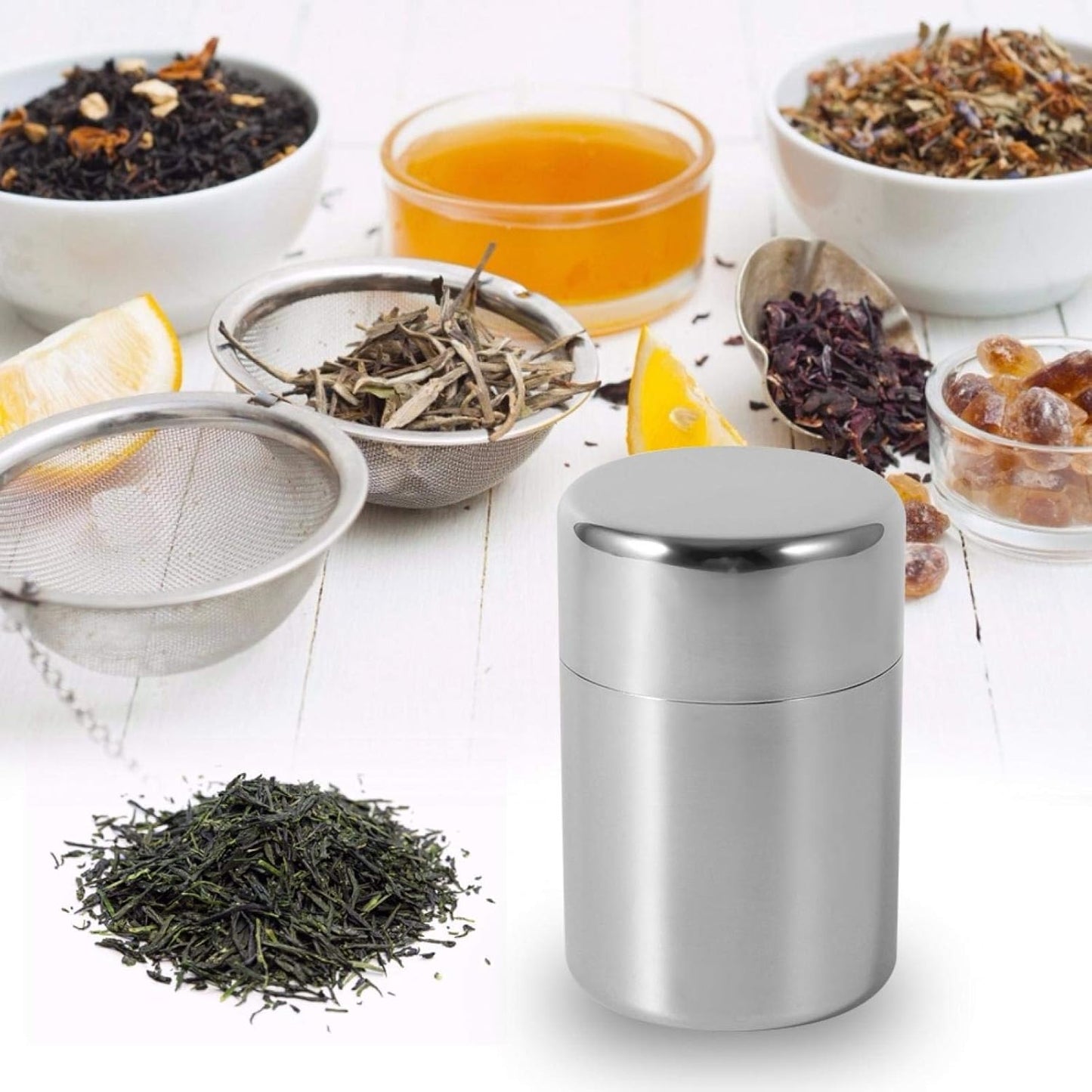 Tea Canister, Stainless Steel Tea Tins, Textured Tea/Coffee/Sugar Canisters, Canister Home Kitchen Canisters for Tea Coffee Sugar Storage(s)