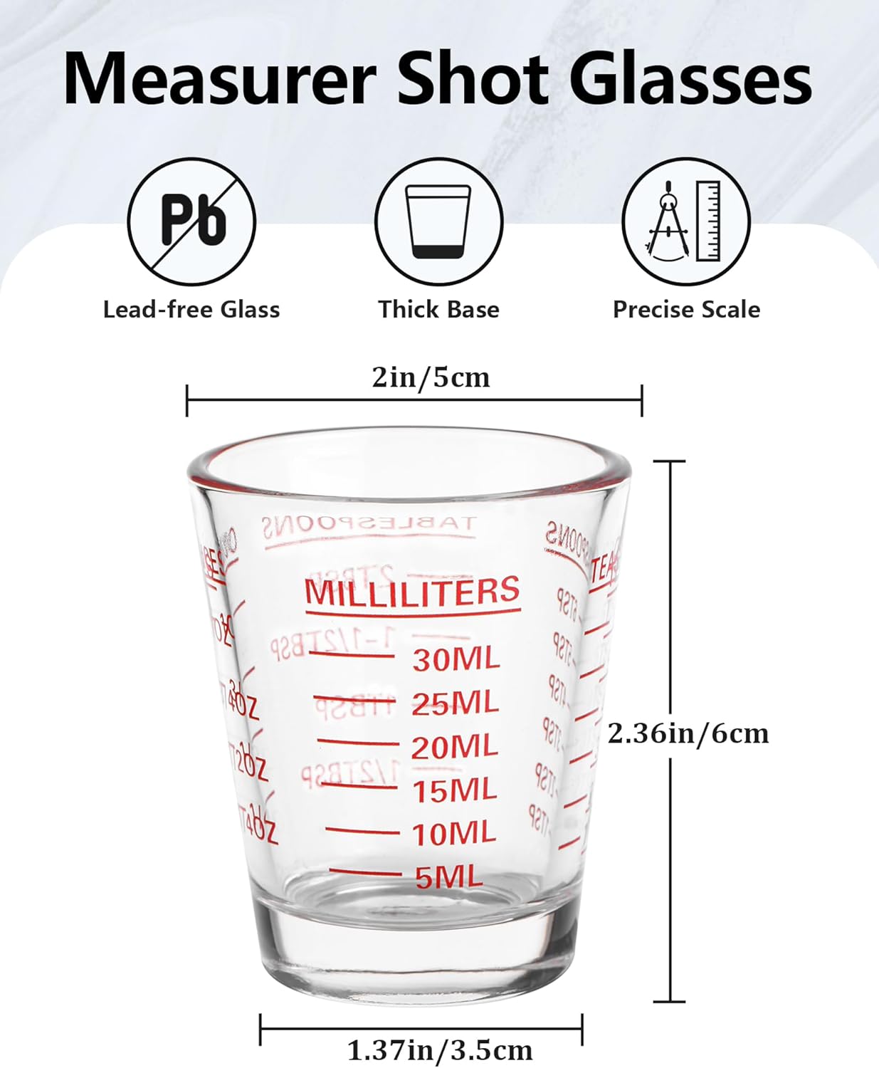 Shot Glasses Measuring Cup Set 6 Pack Espresso Shot Glasses Liquid Heavy Glass 26-Incremental Measurement 1 OZ, 2 TBS, 6 TSP, 30 ML Kitchen Tools