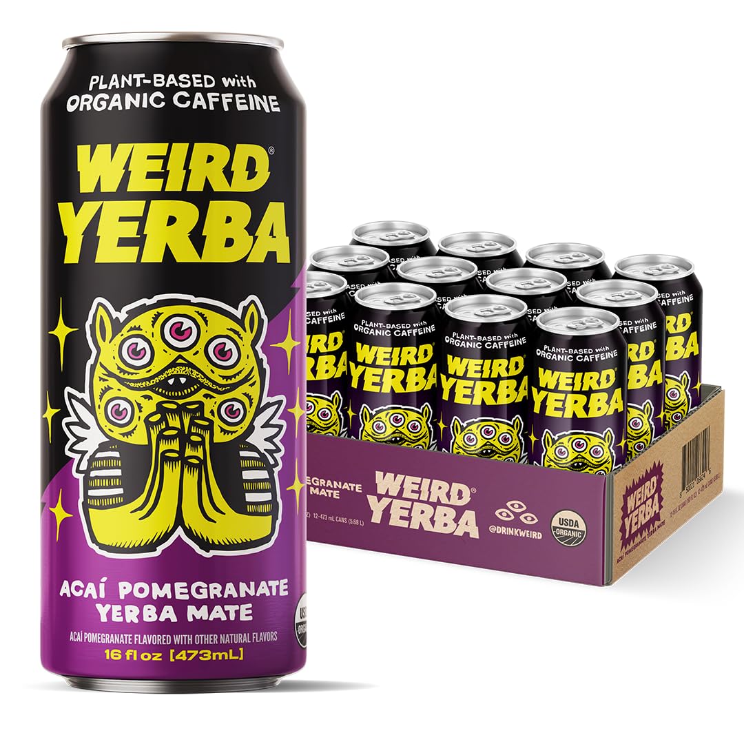 Drink Weird Organic Acai Pomegranate Yerba Mate – 16oz Cans, 160mg Organic Caffeine, Pack of 12 – Antioxidant-Rich Energy Drink Alternative