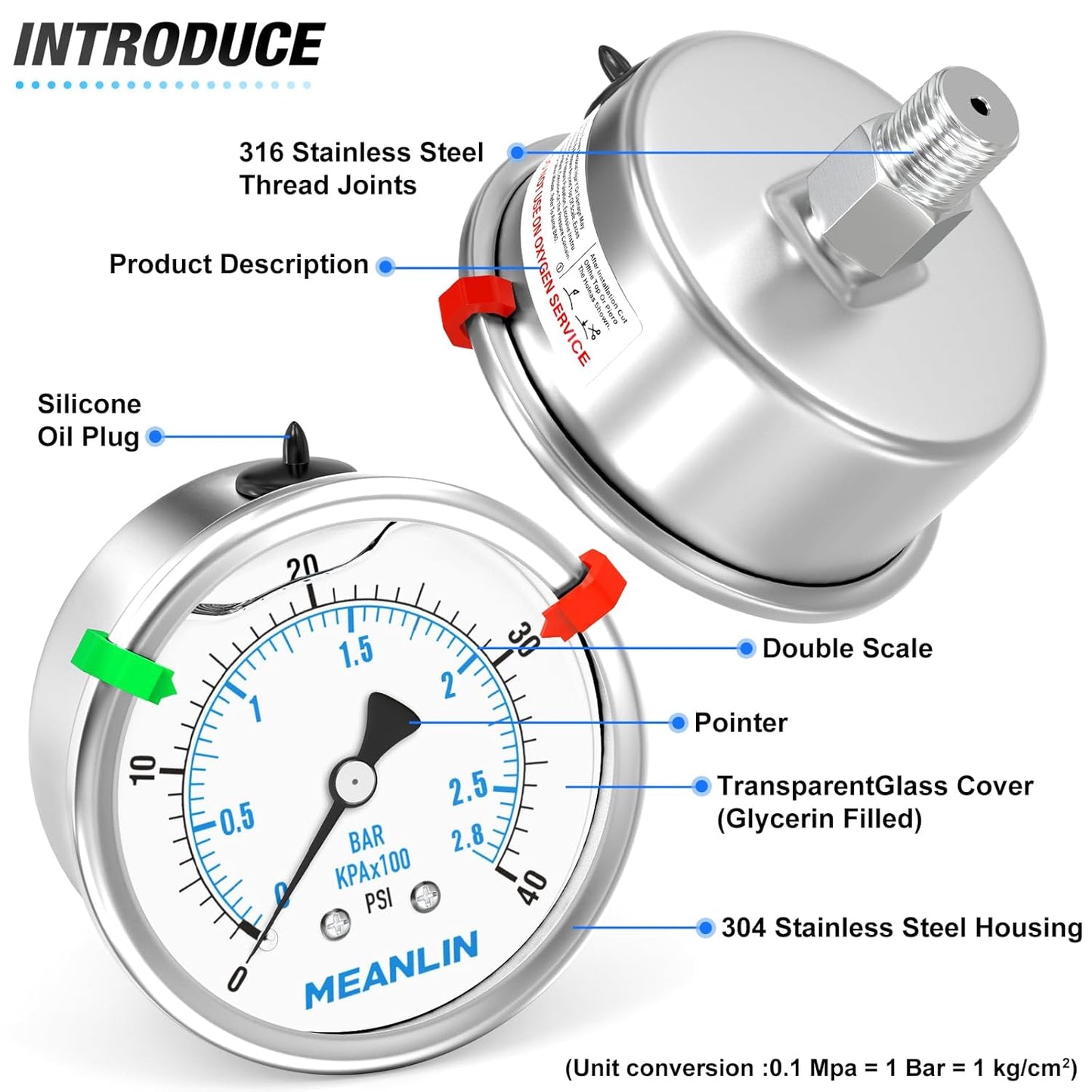 MEANLIN MEASURE 0~40Psi Stainless Steel Liquid Filled Pressure Gauge 2.5" FACE DIAL 1/4" NPT for Pool Sand Filter Water Oil Air Pressure Test Back Mount with Stainless Steel Hex Bushing and Snaps