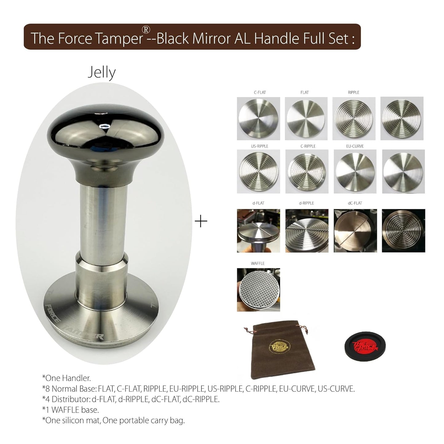The Force Tamper Automatic Impact Adjustable Constant Pressure and Autoleveling Coffee Tamper Black Mirror Jellyfish AL Handle Set Pro (Full-Set, 58.50mm)