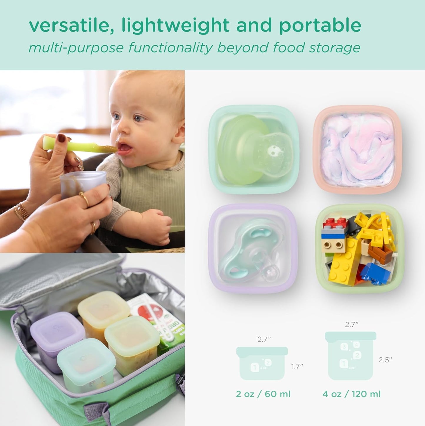 Olababy Clear Sense Silicone Storage Containers 4pk for Baby Food, Snacks, Formula, Puree, Sauce & More | Micro Plastic & BPA-Free | Daycare Essentials for Toddlers and Kids (Blueberry, 2 oz / 60 ml)