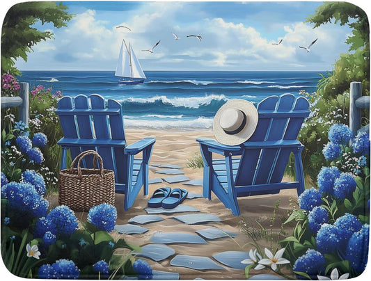 Summer Beach Chairs Dish Drying Mat Sea Wave Blue Floral Drying Mat fo Kitchen Counter 16¡±x18¡± Absorbent Reversible Kitchen Mat Non-Slip Ocean Themed Dish Drainer Rack Mat for Countertop Coffee Bar