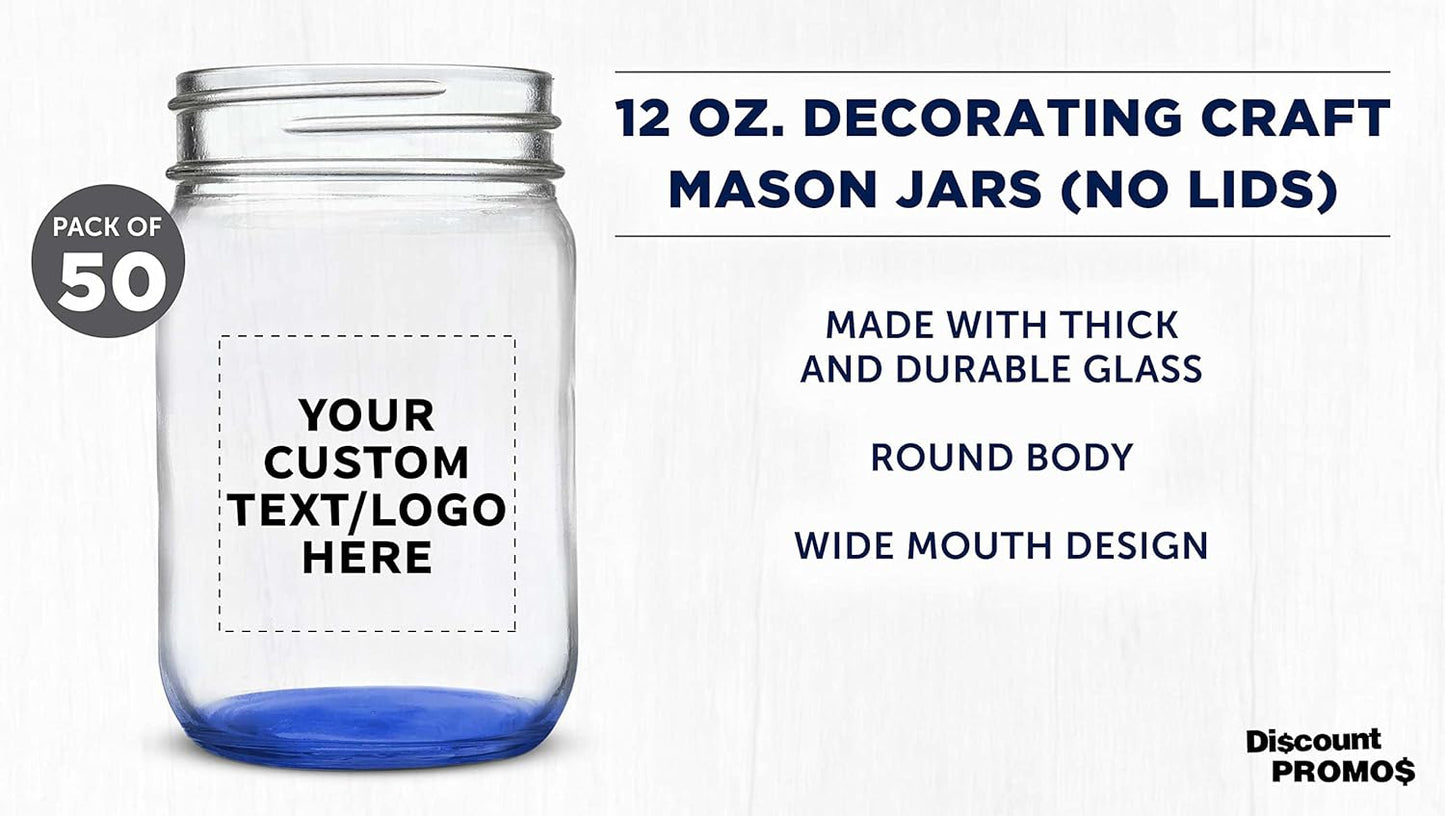DISCOUNT PROMOS Custom Decorating Mason Jars 12 oz. Set of 50, Personalized Bulk Pack - Glass Jars for Overnight Oats, Candies, Fruits, Pickles, Spices, Beverages - Blue