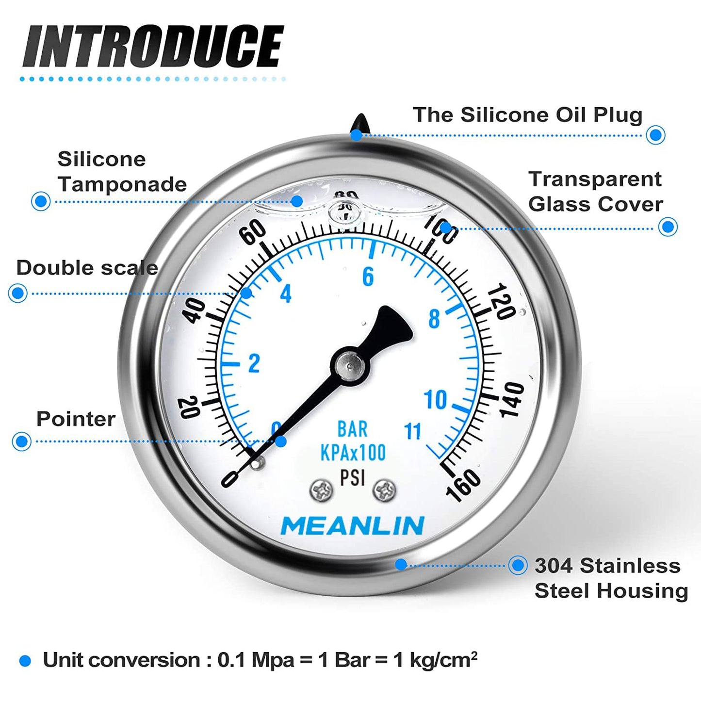MEANLIN MEASURE 0~160Psi Stainless Steel 1/4" NPT 2.5" FACE DIAL Liquid Filled Pressure Gauge WOG Water Oil Air Center Back Mount, with 1/4" x 1/2" NPT and 1/4" x 3/8" NPT Hex Bushing
