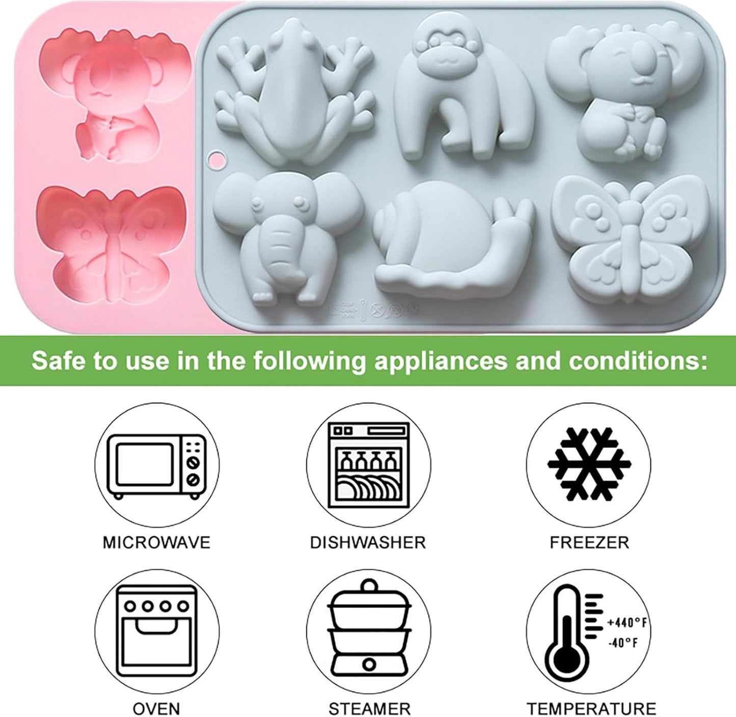 Animal Chocolate Mold Set - Food-Grade Silicone Baking Molds with Frog, Elephant, Monkey, Snail & Butterfly, Reusable for Kids Birthday Cakes, Jungle Party Treats & DIY Crafts - 2 Pack
