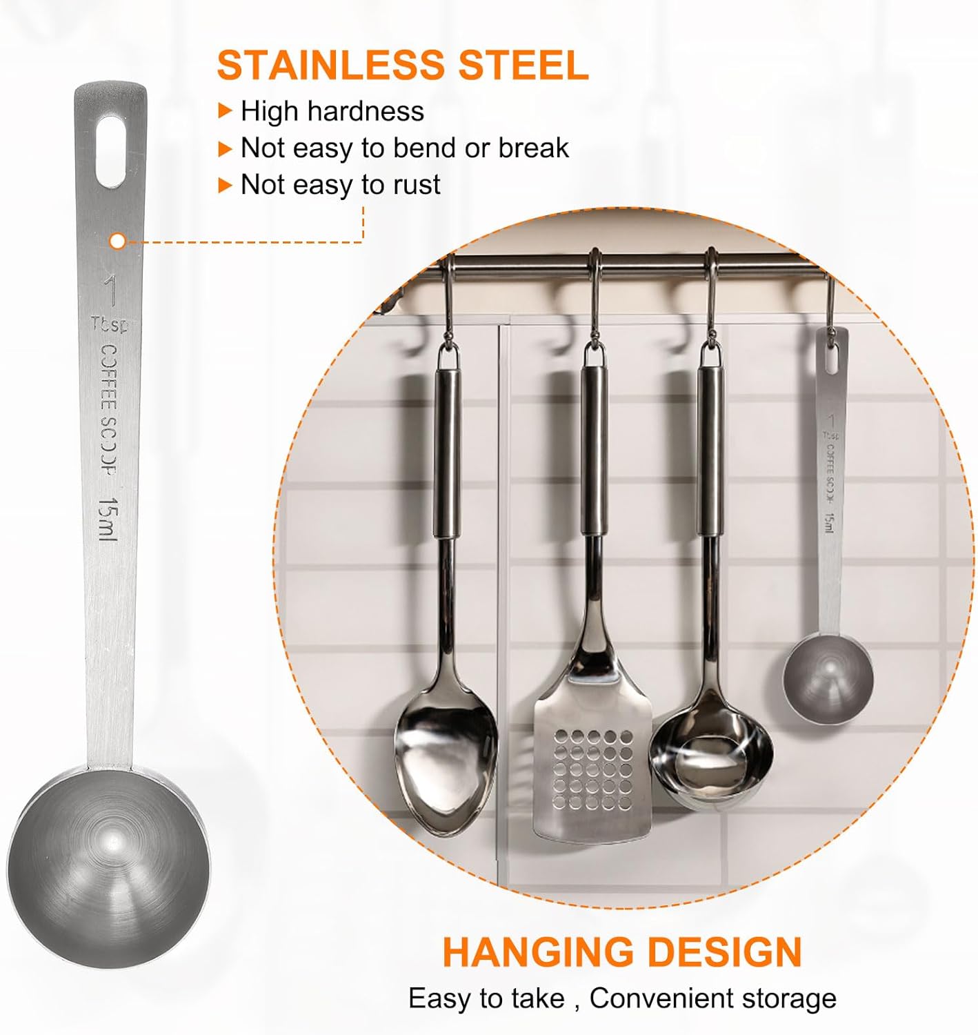 HARFINGTON 3pcs Coffee Scoop Spoon 1tbsp (3tsp, 15ml) 304 Stainless Steel Long Handle Teaspoon/Tablespoon Measuring Spoons Scoops for Tea Sugar Kitchen, Silver