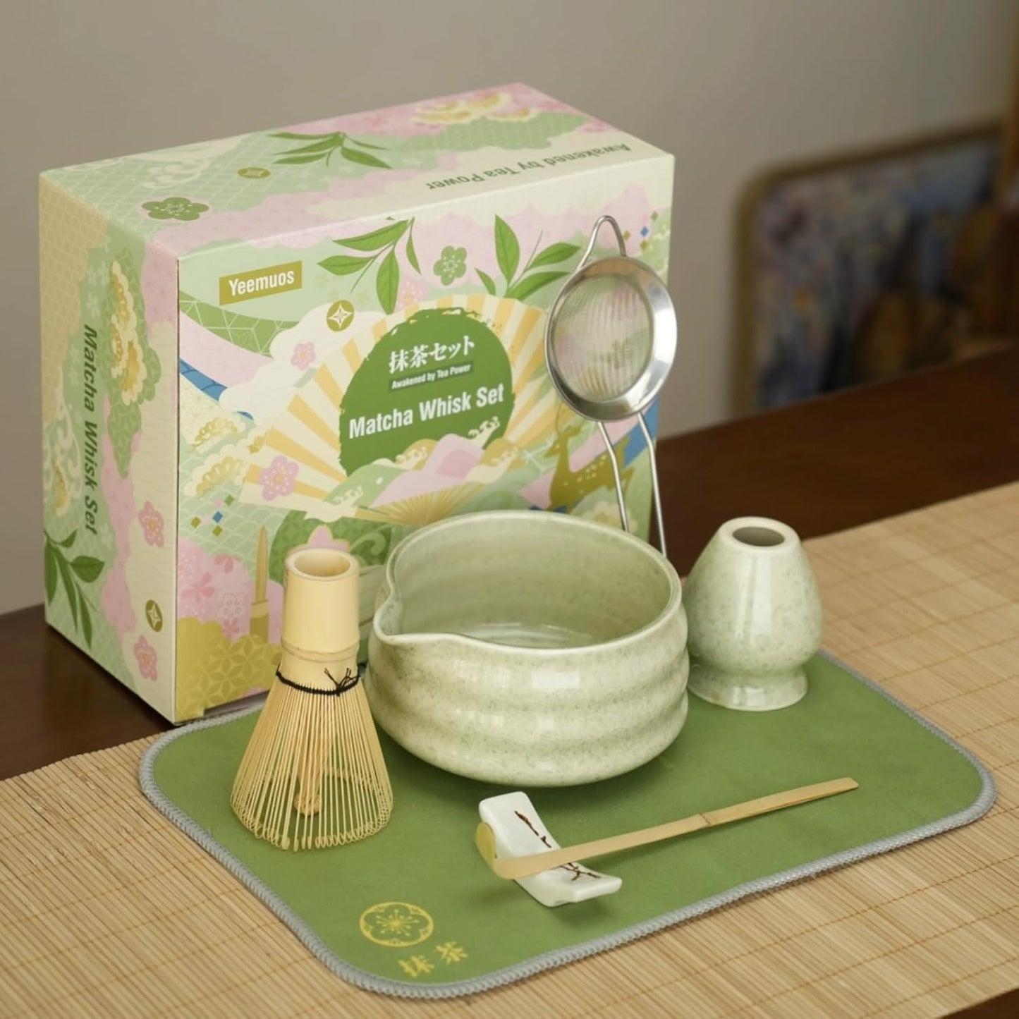 Matcha whisk Set,7 Pcs Matcha Making Kit with whisk Whisk, Ceramic Bowl, Sifter, Scoop, Holder, Stand, and Tea Towel for Ultimate Matcha Experience（Mottled Green）