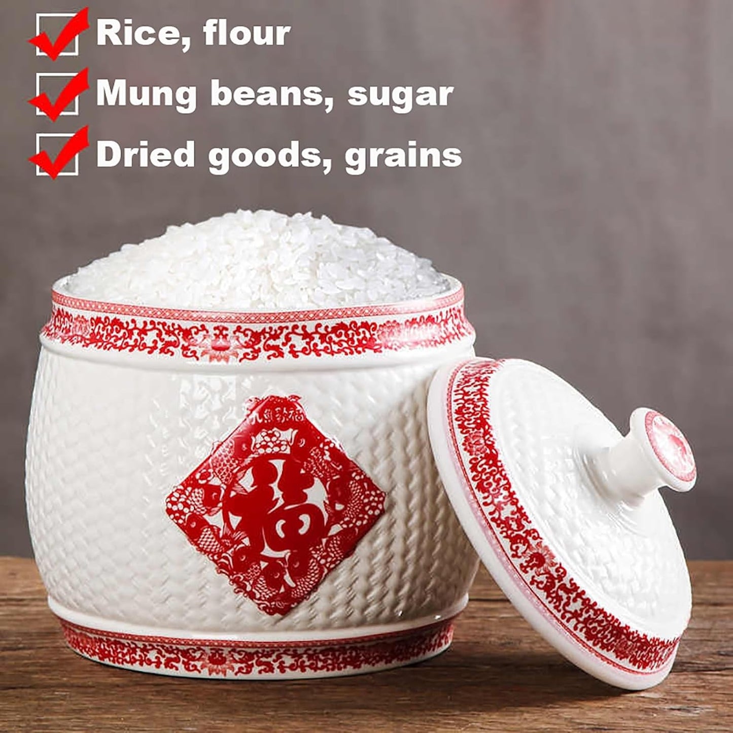 Chinese Sealed Large-Capacity Rice Pot, Ceramic Rice Bucket With Tassel Design, Grain Storage Ceramic Container, Rice Dispenser Airtight Storage Bucket For Grains Snacks Candy Coffee Beans Food(C,Capa