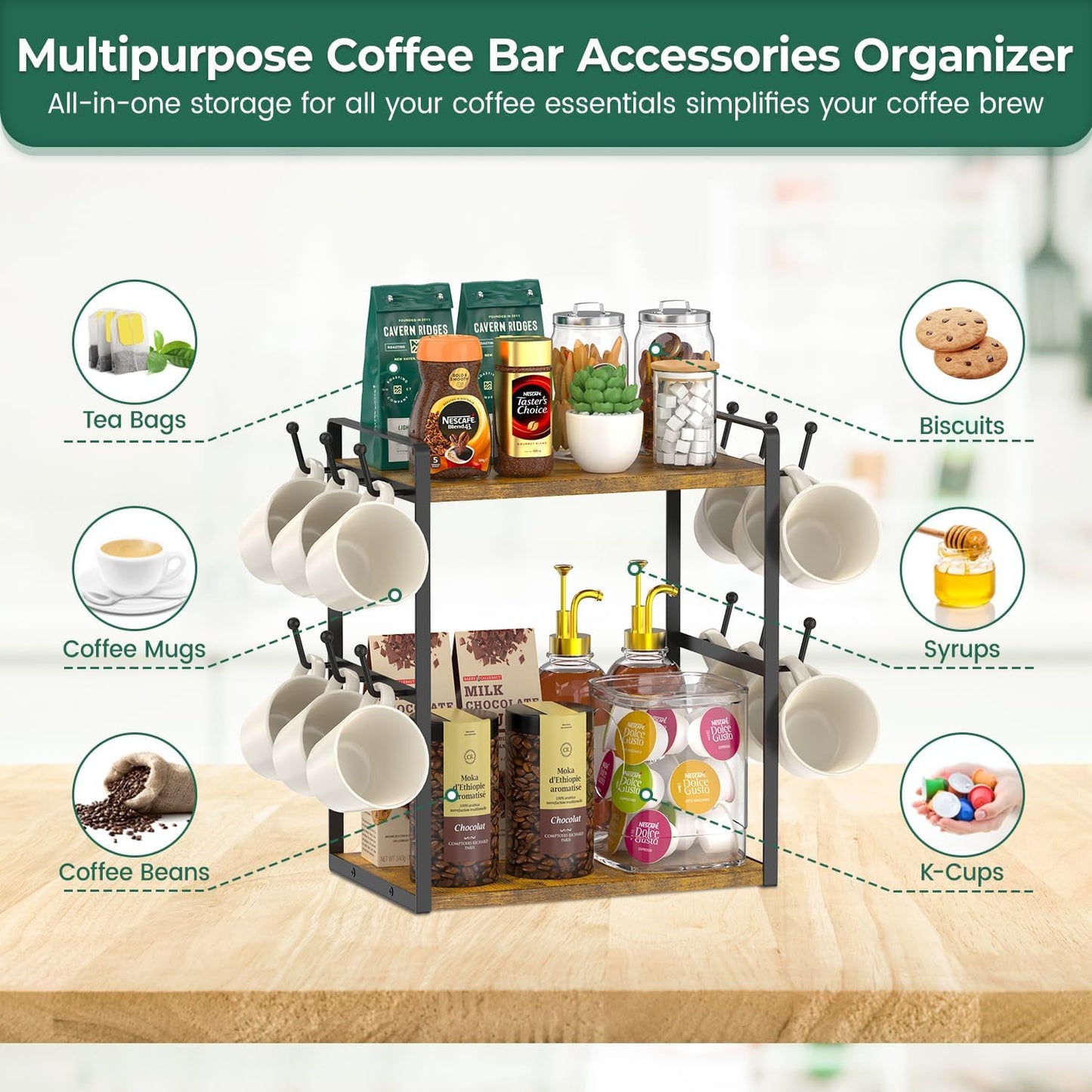 EsLuker.ly 2 Tier Coffee Mug Holder Station Bar Organize Countertop, Mug Cup Tree Rack for Kitchen Office, Storage Shelf with 12 Hooks, Creat Stylish Coffee Corner, Vintage Brown-Black