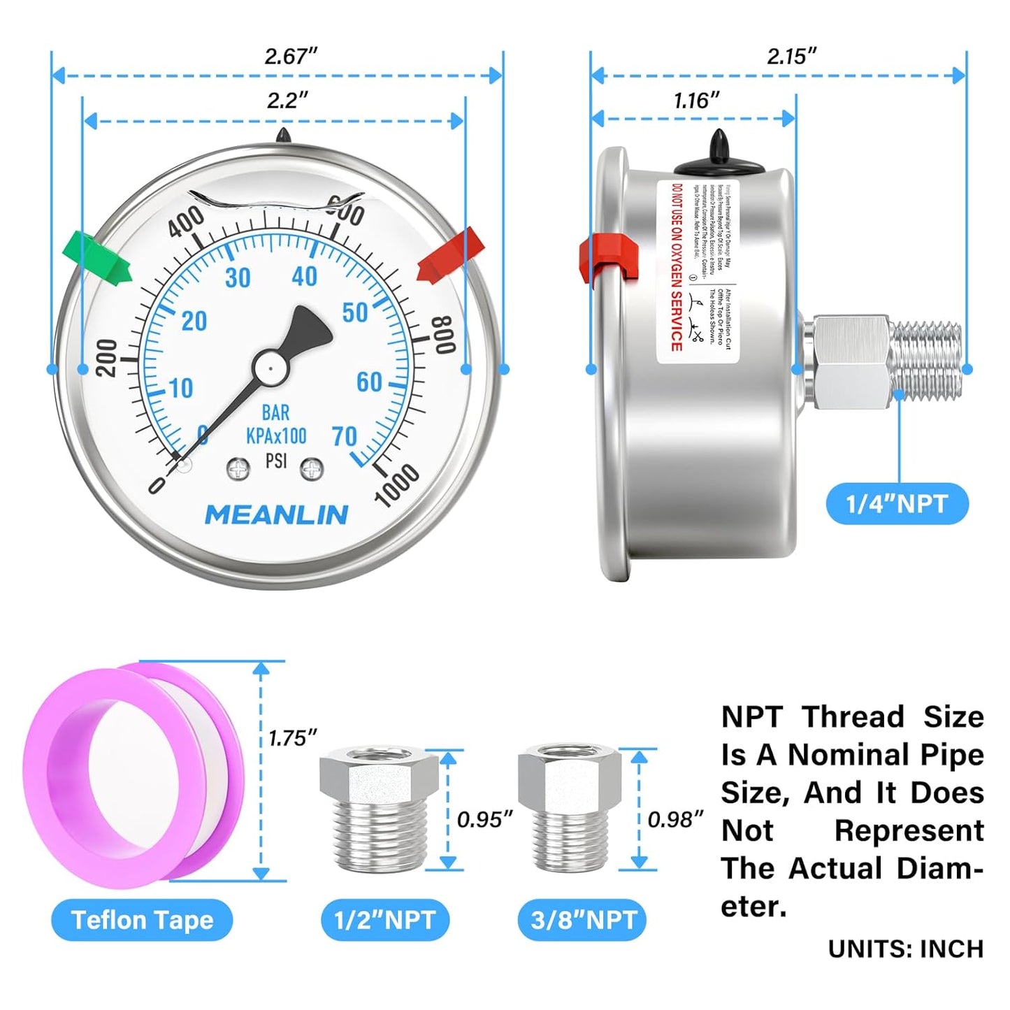 MEANLIN MEASURE 0~1000Psi Stainless Steel Liquid Filled Pressure Gauge 2.5" FACE DIAL 1/4" NPT for WOG Water Oil Air Back Mount with Stainless Steel Hex Bushing and Snaps