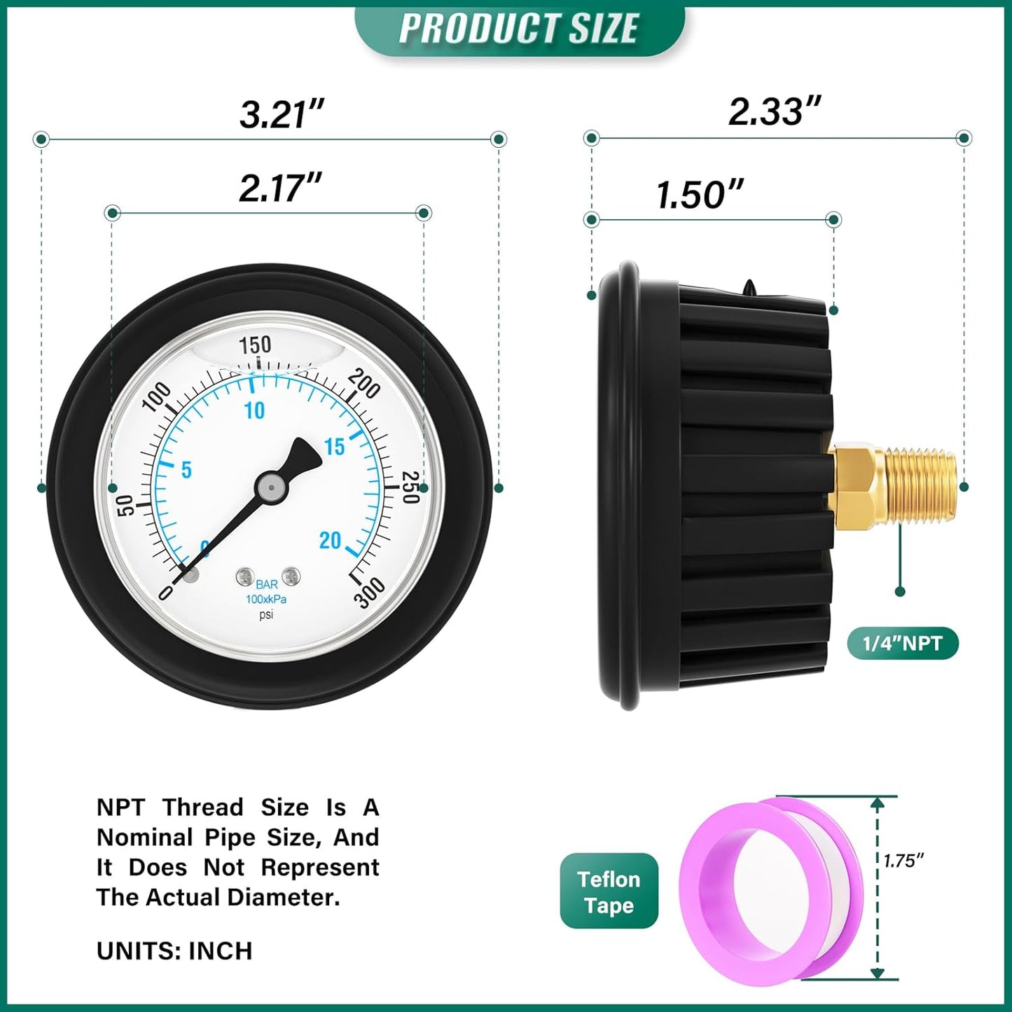 0-300PSI Stainless Steel Liquid Filled Pressure Gauge, 2.5" Dial Size, 1/4" NPT Back Mount, with Rubber Protective Sleeve, for Tube, Water Pump, Gas, Liquid, Pressure Test