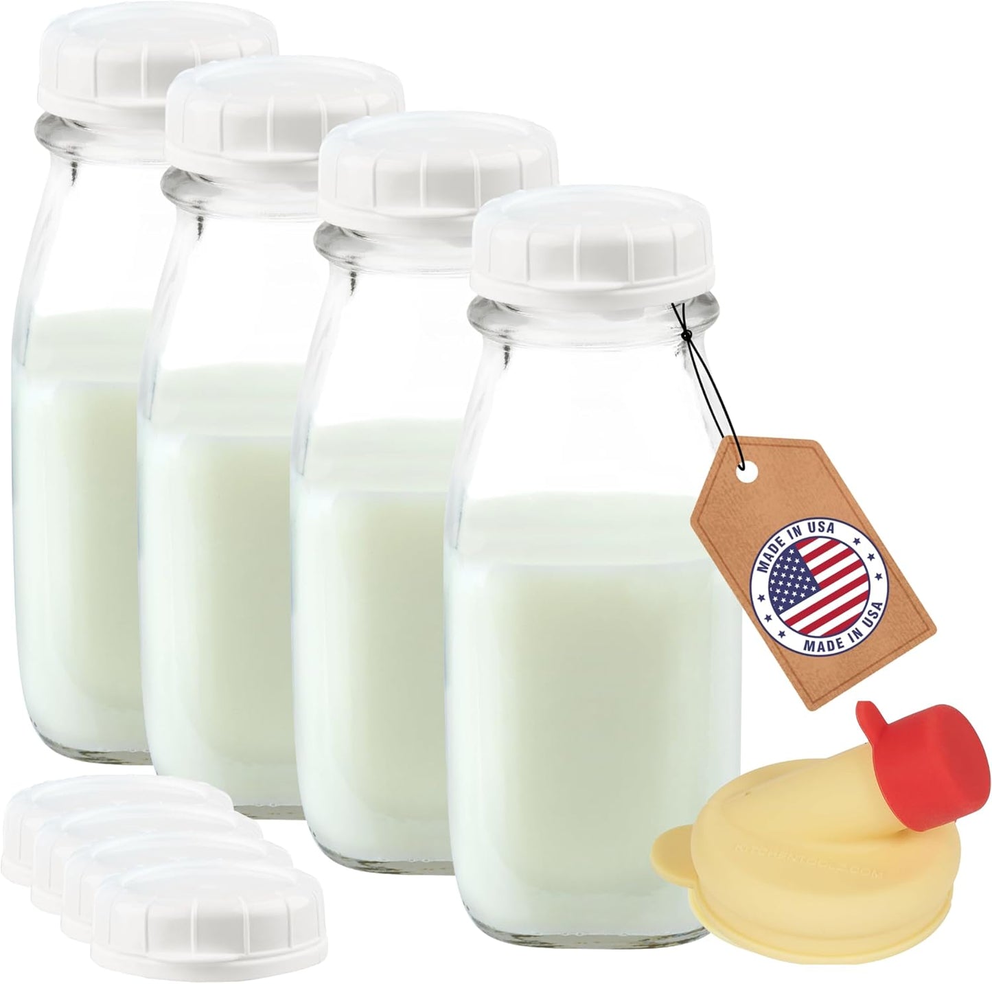 kitchentoolz 12 Oz Square Glass Milk Bottles with Lids (4 Pack) – Reusable Glass Creamer Bottles for Milk, Juice, and More – Includes Tamper-Proof Caps and One Silicone Pour Spout
