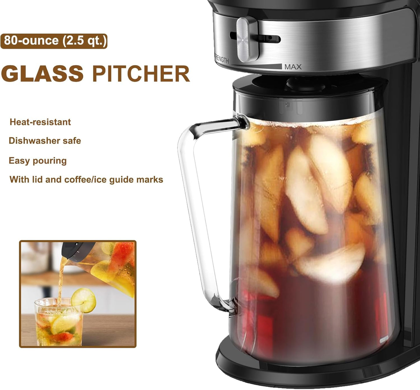 LITIFO Iced Tea Maker and Iced Coffee Maker Brewing System with 2.5-quart Pitcher, sliding strength selector for Taste Customization, Stainless Steel (Black 2.0)
