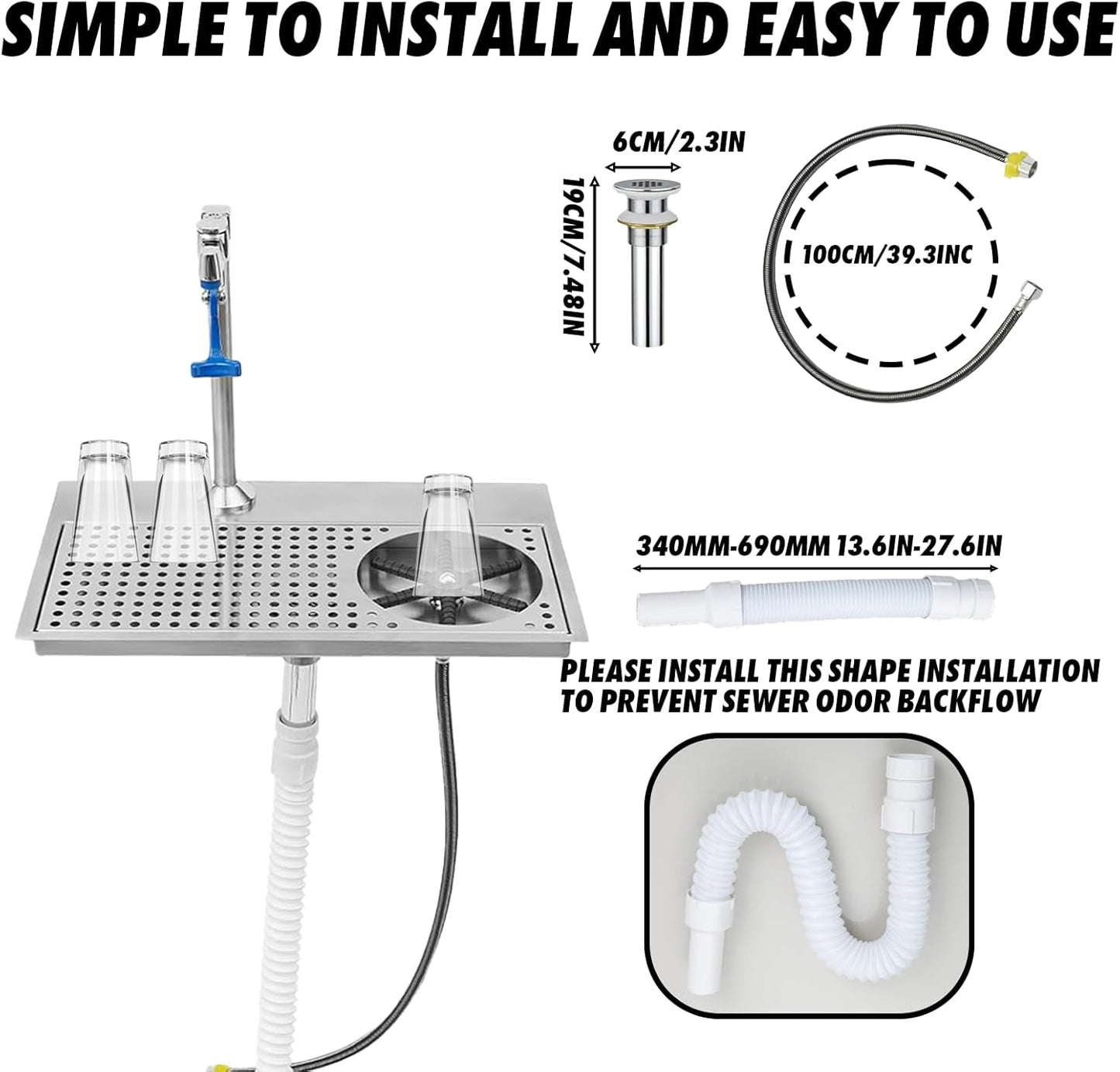 Pitcher Rinser, Stainless Steel Recessed Countertop Cup Washer with Glass Filler Faucet and Drain pan for Home Bar cafe shop (rinser calibre 114MM)