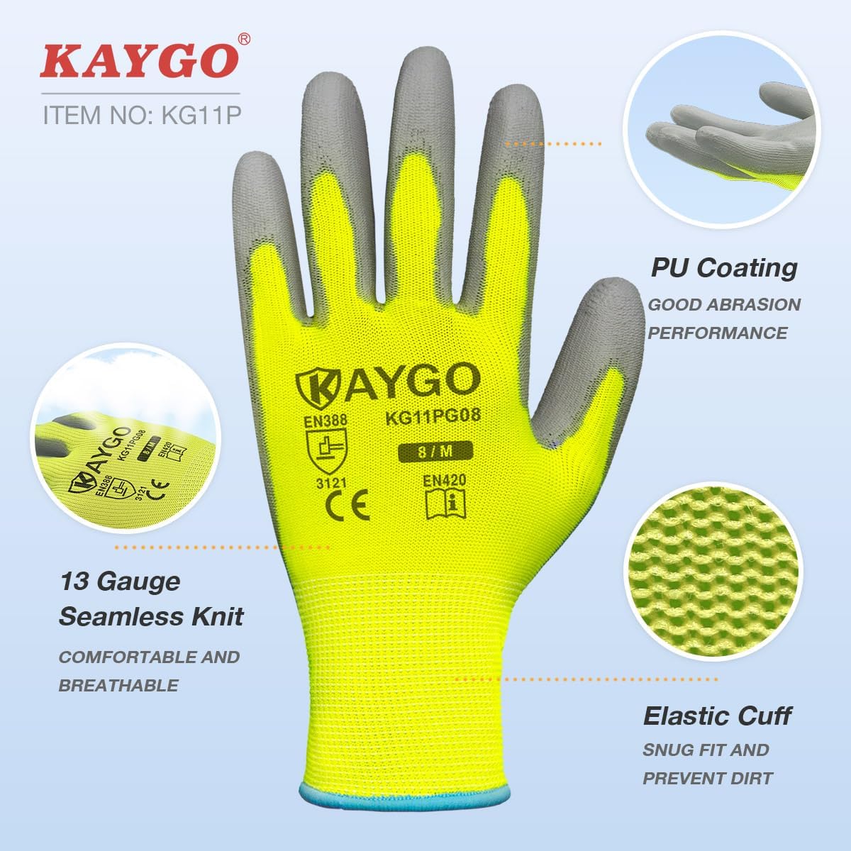 Safety Work Gloves for Men and Women PU Coated, 12 Pairs Seamless Knit Glove with Thin Polyurethane Coated Smooth Grip on Palm&Fingers, Ideal for General Light Duty Work, KG11PB Green,Large