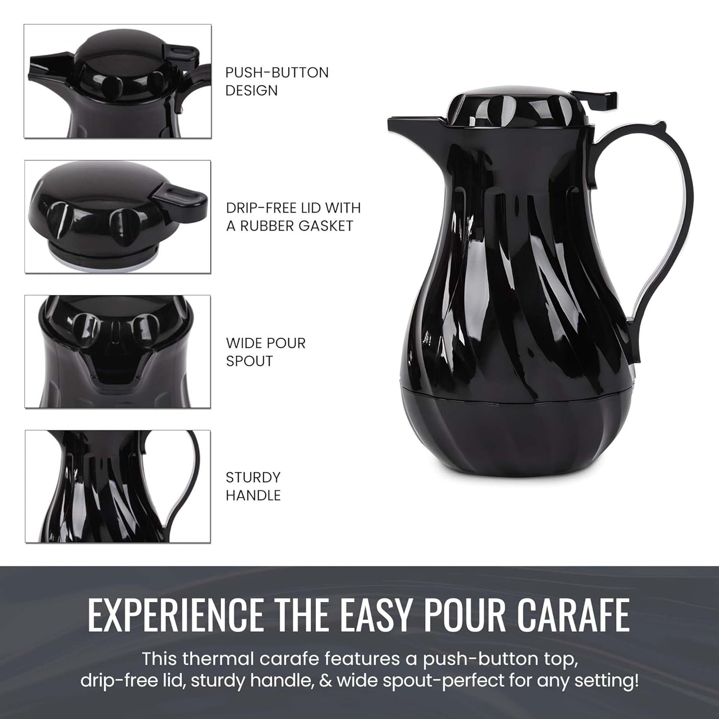 OCS Parts Easy Pour Thermal Coffee Carafe | 8-Inch Insulated Hot and Cold Beverage Pitcher Server for Coffee, Tea, Hot Chocolate and Water with Colored Tags for Easy Idenfication | 20-Ounce | Black