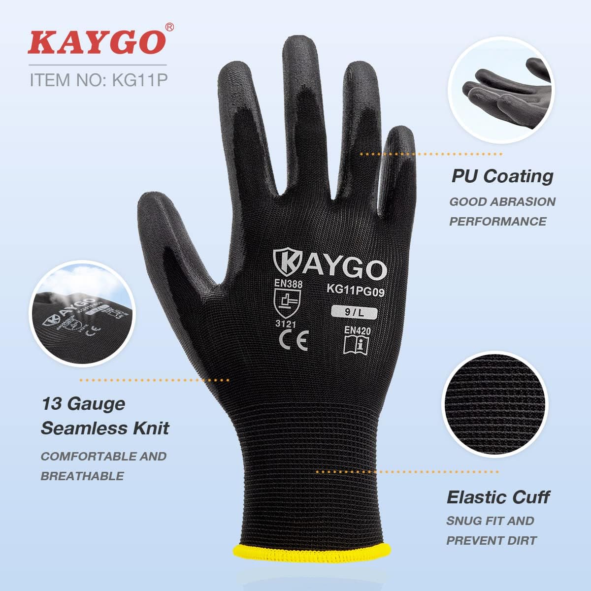 Safety Work Gloves for Men and Women PU Coated, 60 Pairs Seamless Knit Glove with Thin Polyurethane Coated Smooth Grip on Palm&Fingers, Ideal for General Light Duty Work, KG11P