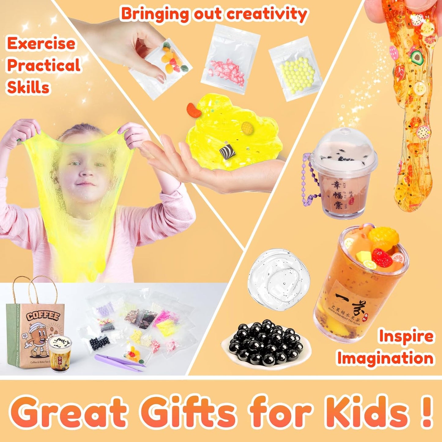 Miniature Cafe & Boba Tea Slime Making Kit for Girls Ages 8-12, 53PCS Mini Coffee & Bubble Tea Dessert Cup, DIY Pretend Play Food Set, Kitchen Toys, Birthday Party Gift for Kids 6 7 9 10 11