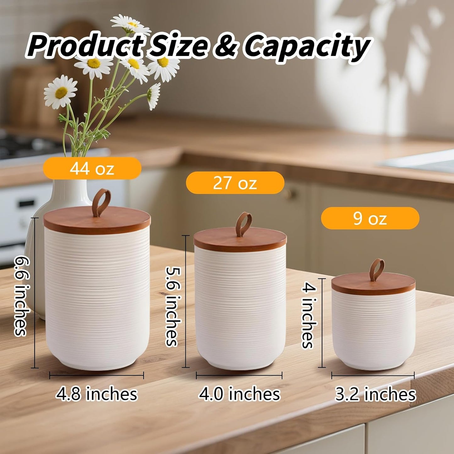 Food Storage Jar Strong Ceramic Storage Canisters with Airtight Wooden Lid,Kitchen Storage Containers for Serving Coffee Beans, Tea, Sugar, Salt, Spices (Little white)