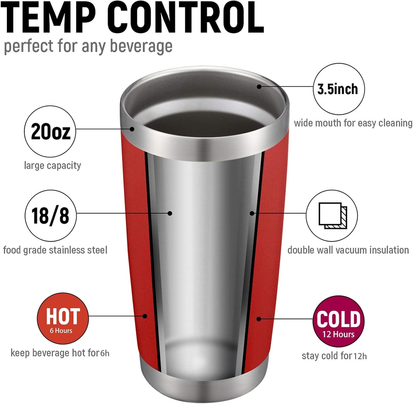 COMOOO 20oz Double Wall Vacuum Insulated Travel Mug, Stainless Steel Tumbler with Lid and Straw Durable Powder Coated Insulated Coffee Cup for Cold & Hot Drinks (Red, 2 pack