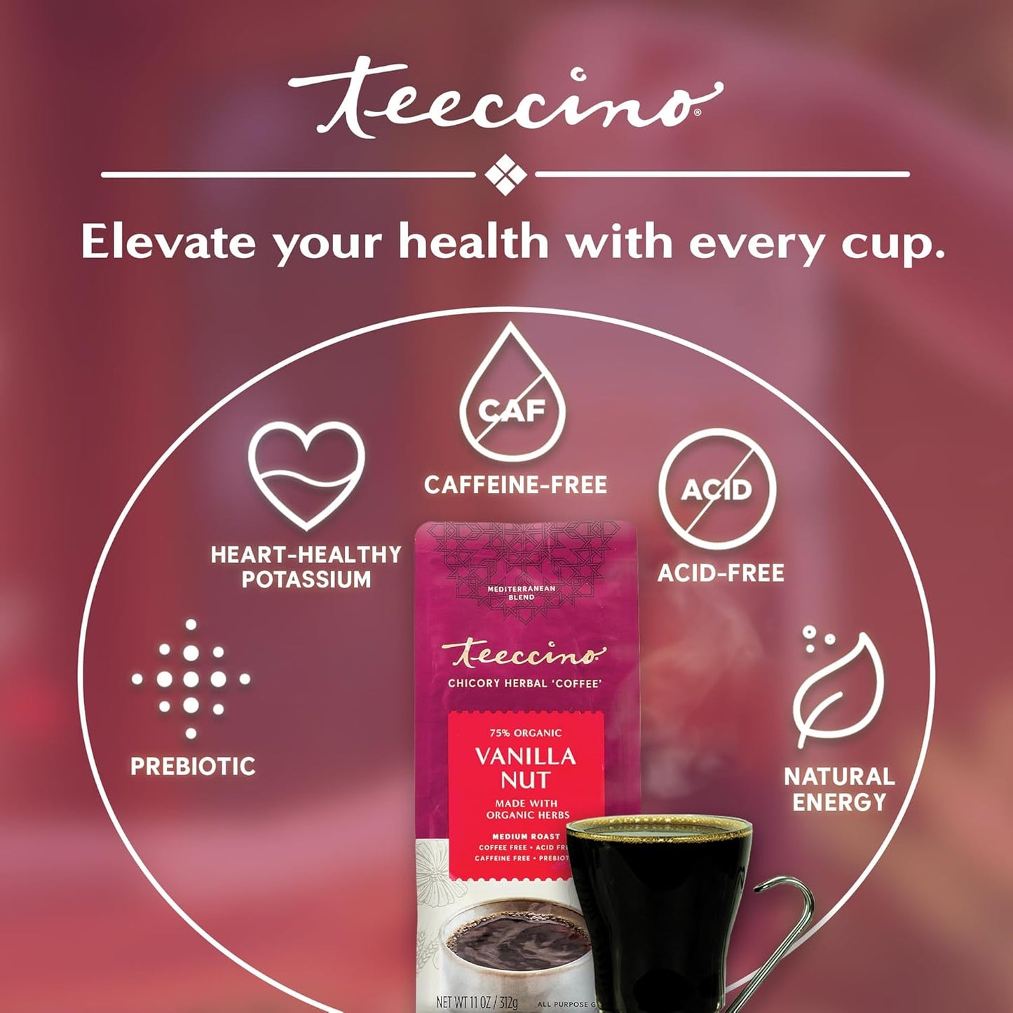 Teeccino Vanilla Nut Chicory Coffee Alternative - 11 Ounce - Ground Herbal Coffee That’s Prebiotic, Caffeine Free & Acid Free, Medium Roast, (Pack of 3)