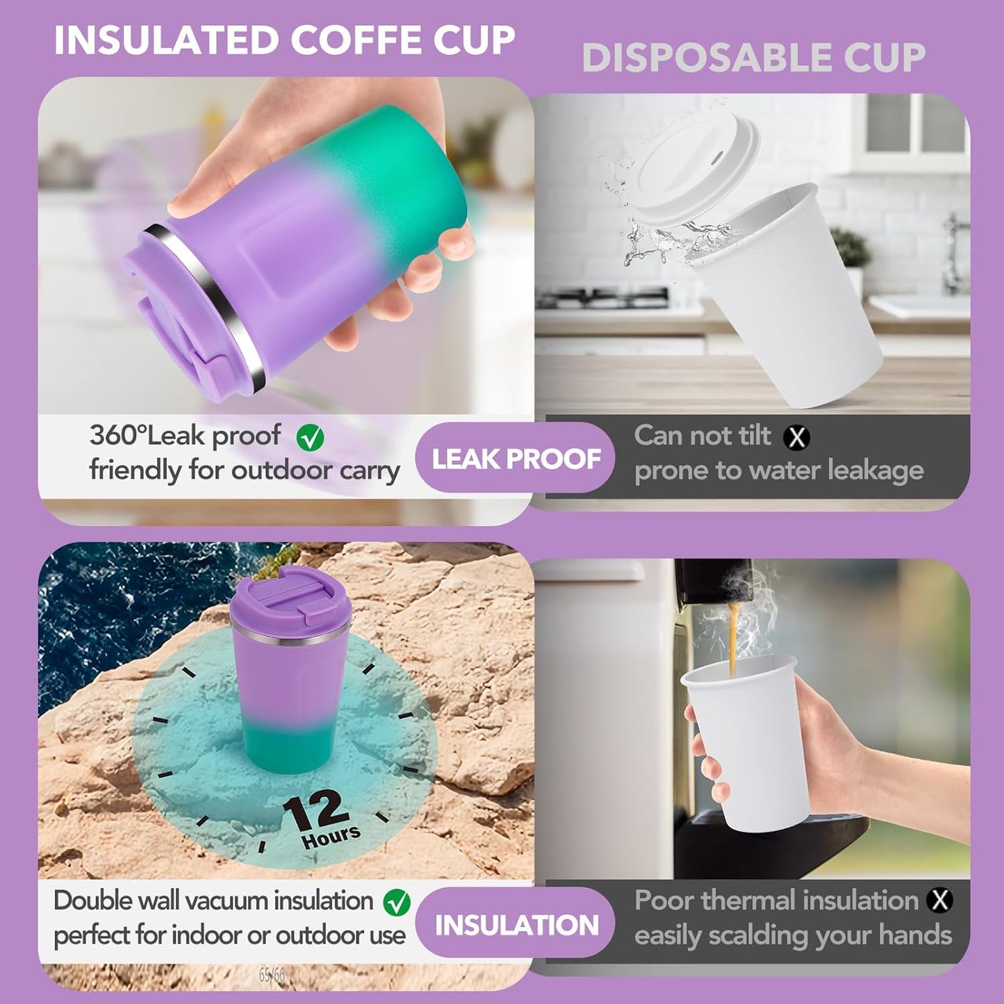 Volhoply 12 oz Double Wall Insulated Vacuum Travel Coffee Mugs with Flip Lid Bulk 2 Pack,Reusable Stainless Steel Leak Proof Coffee Cup,Portable Cafe Thermal Tumbler for Hot & Cold Drinks(Mix,2 Set)