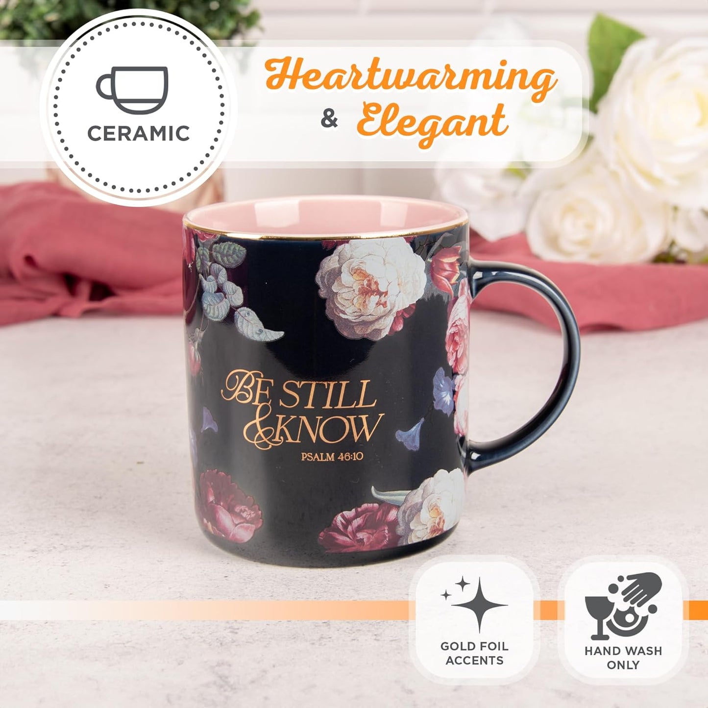 Christian Art Gifts Large Ceramic Inspirational Scripture Coffee & Tea Mug for Women: Be Still & Know Encouraging Gold Bible Verse, Lead/Cadmium Free Cute Drinkware, Dark Navy Blue/Pink Floral, 14 oz.