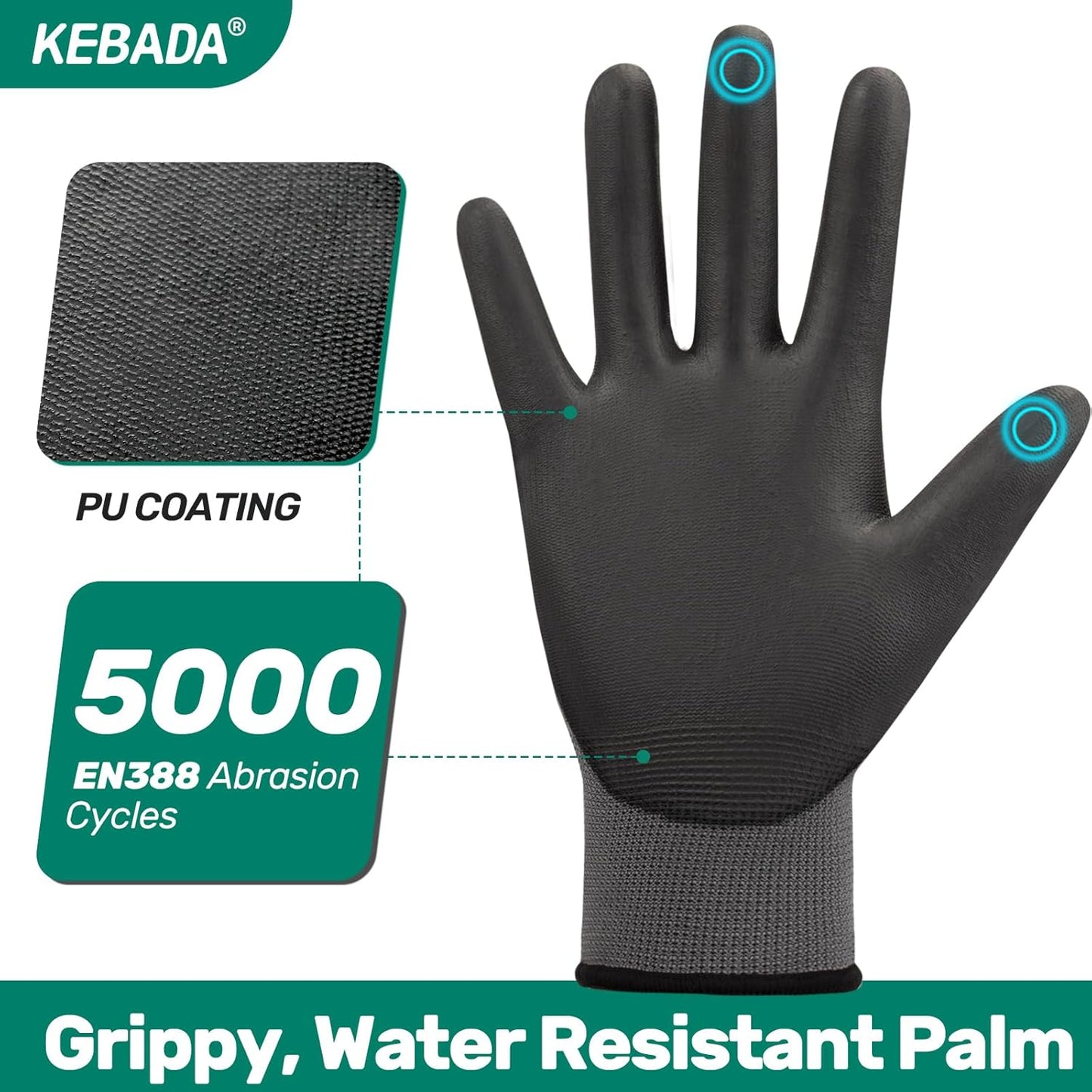 Kebada W1 Work Gloves for Men and Women, PU Coated Safety Gloves with Grip, Touchscreen, Ideal for Warehouse Package Handling, Construction, Gardening, 12 Pairs Gray Large