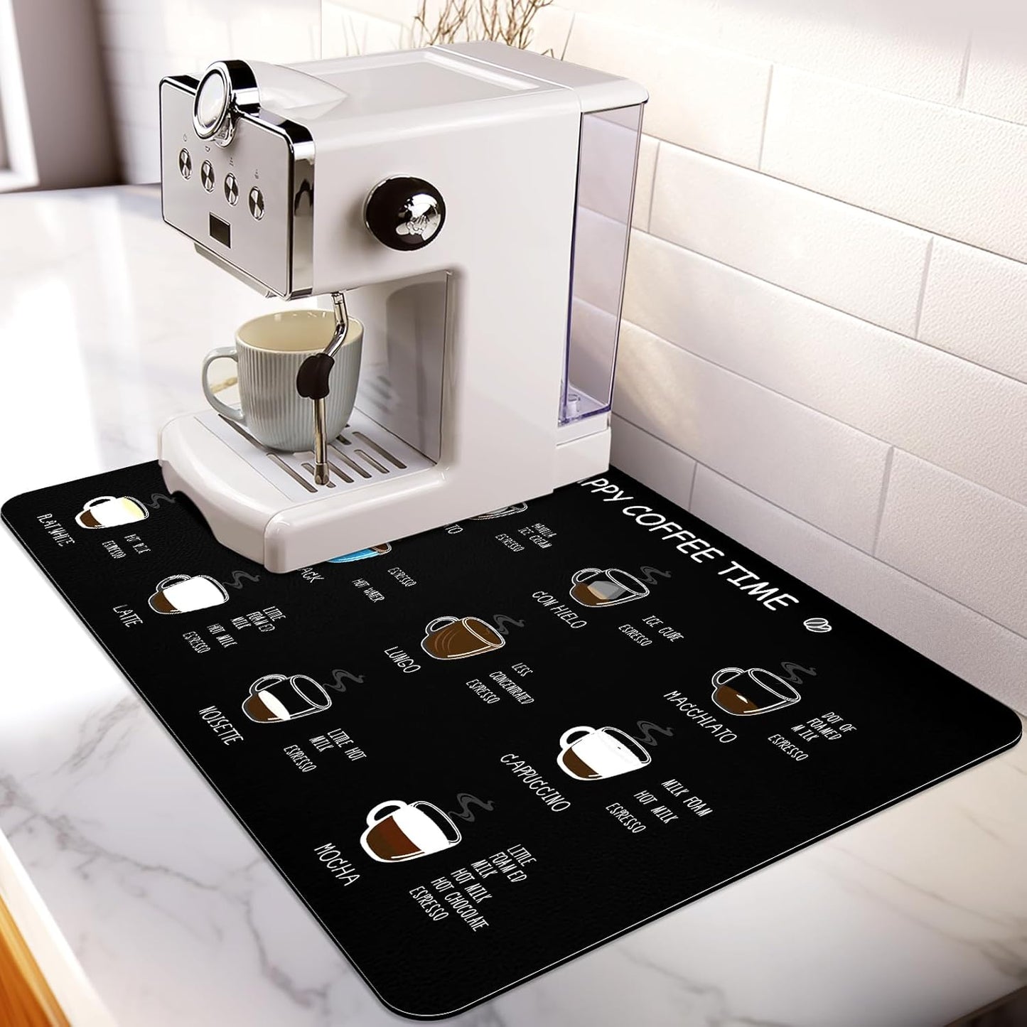 Matace Designer Coffee Bar Mat, Large 16 x 24 Inches, Rubber Backing, Absorbent Dish Drying Mat for Kitchen Countertop, Heat Resistant, Black