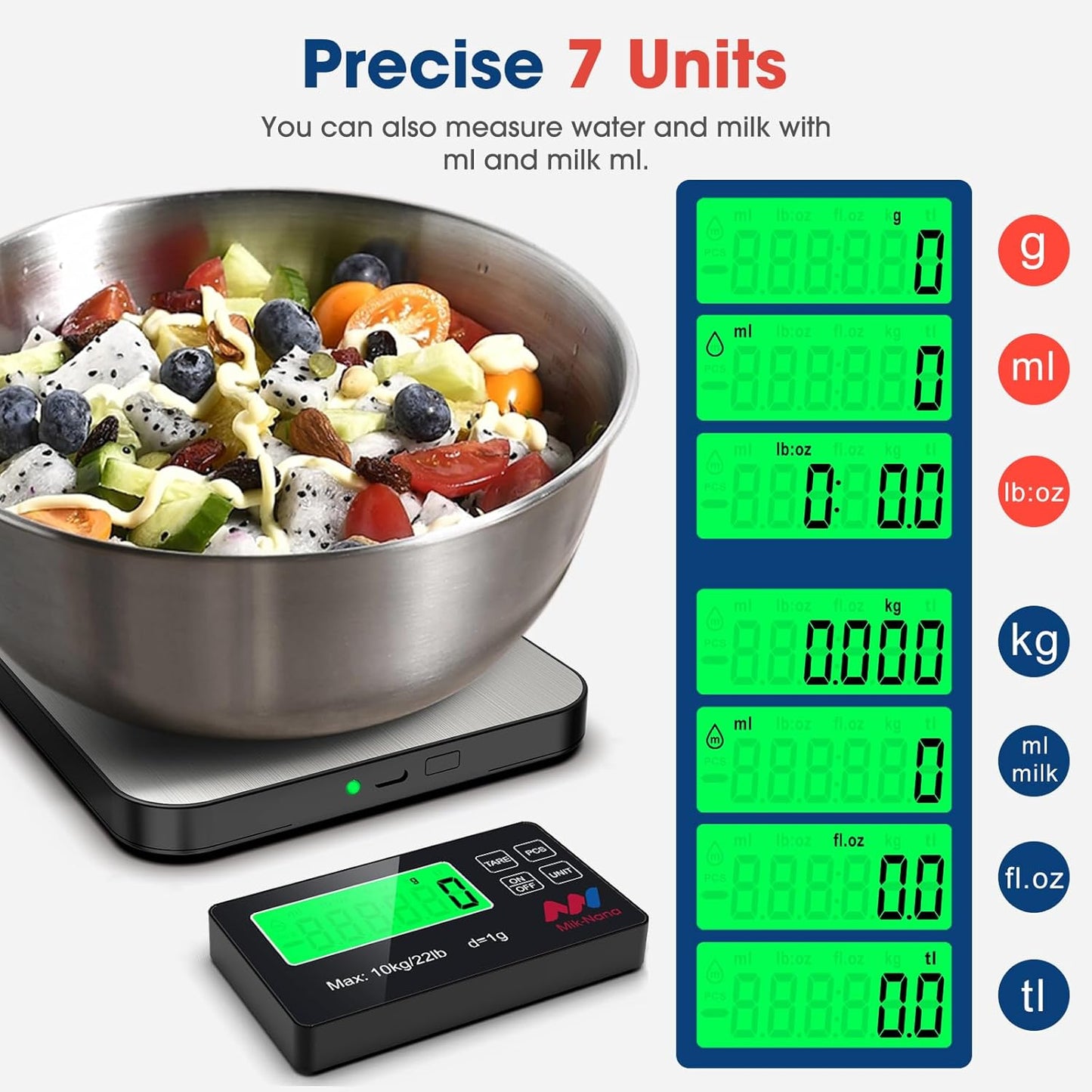 Mik-Nana Food Scale, 22lb Digital Kitchen Scale with 7 Units Wireless LCD Display & Tare Function, Stainless Steel Weight Grams and Ounces for Baking, Cooking and Meal Prep (Batteries Included)