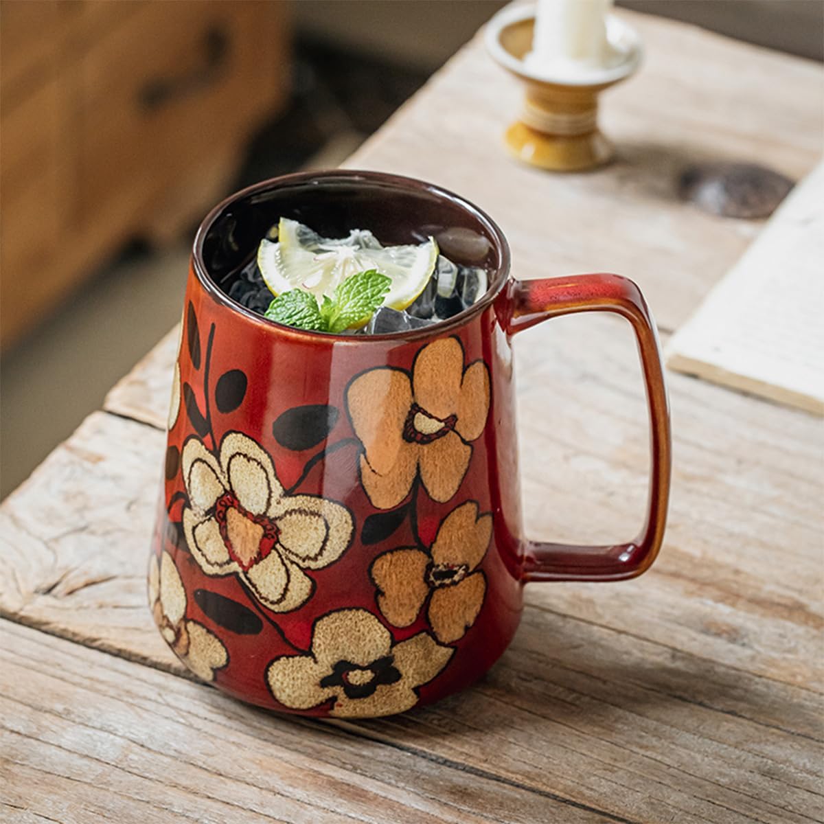 Large 24 oz Ceramic Coffee Mug with Large Handle, Vintage Floral Coffee Cup, Extra Big Tea Cup for Office and Home, Dishwasher and Microwave Safe, Red