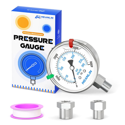 MEANLIN MEASURE 0~4000Psi Stainless Steel Liquid Filled Pressure Gauge 2.5" FACE DIAL 1/4" NPT for WOG Water Oil Air Lower Mount with Stainless Steel Hex Bushing and Snaps