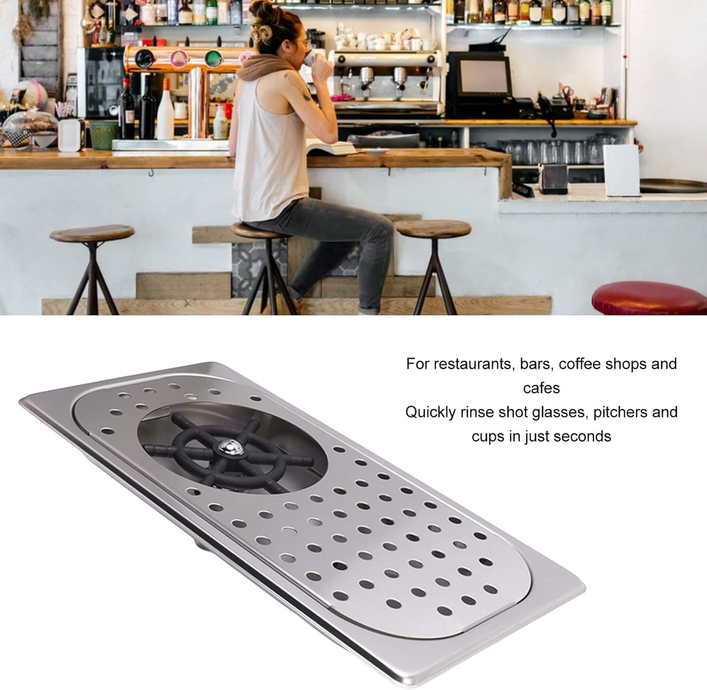 Pitcher Rinser, Stainless Steel Countertop Cup Washer Spray Rinser, Glass Rinser with Multi Angle Outlet Water, Drain and Drip Tray, Hose, for Home Kitchen Hotel Cafe (1)