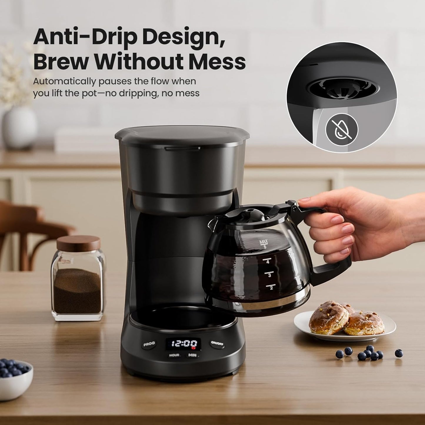 Kismile Compact Drip Coffee Maker, Anti-Drip System, 5 Cup Coffee Maker, Timer, Removable Funnel & Auto Shut-Off, Anti-Dry Protection, Perfect Small Coffee Machine for Home & Office (Black)