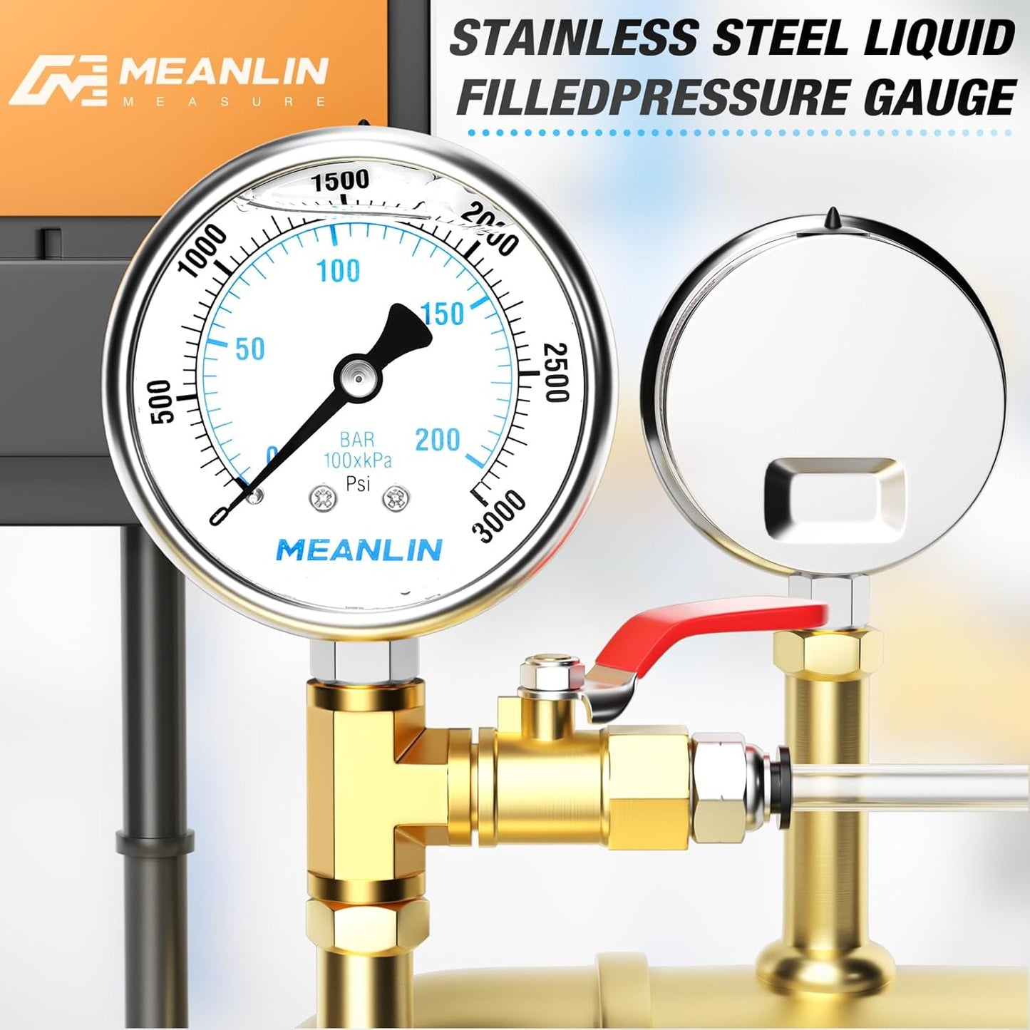 MEANLIN MEASURE 0~3000Psi Liquid Filled Pressure Gauge Stainless Steel with 316 Stainless Steel Joint 1/4" NPT 2.5" FACE DIAL for WOG Water Oil Air Lower Mount