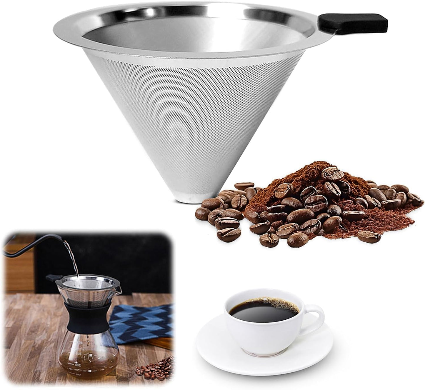 Pour Over Coffee Dripper-Stainless Steel Coffee Filter,Reusable Drip Cone Coffee Filter Portable Pour for 1-4 Cup (Without base, S)