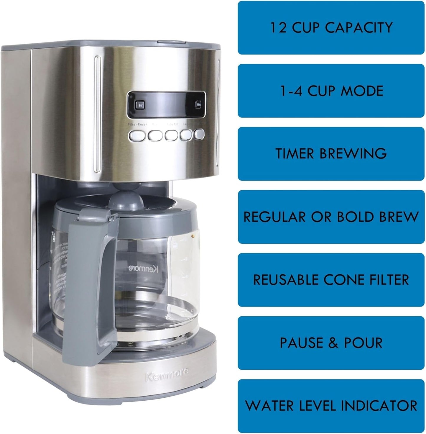 Kenmore Drip Coffee Maker - Programmable Cafe Machine With Glass Pot, Regular & Bold Brew, Auto Shut Off Large Water Reservoir, Reusable Filter, Kitchen Appliances For Cafeteria Barista, 12 Cup, White
