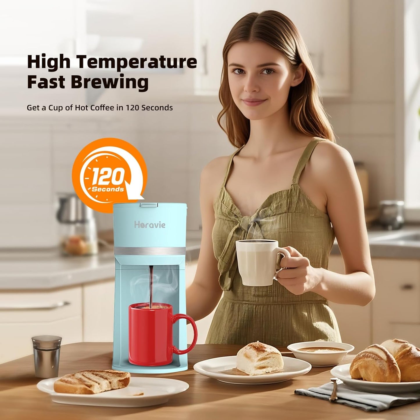 Mini Single Serve Coffee Maker for K Cup and Ground Coffee, Fast Brew One Cup Coffee Machine with Descaling Reminder and Water Window, 6 to 12 oz. Brew Sizes, Light Blue