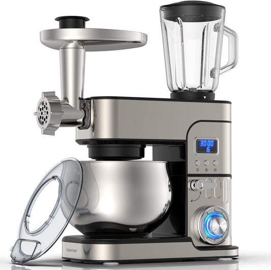 6-IN-1 Stand Mixer, LCD Display Kitchen Electric Mixer, 6.5QT Stainless Steel Bowl, Multi-Function Kitchen Blender With Dough Hook, Whisk, Beater, Meat Grinder, Splash Guard