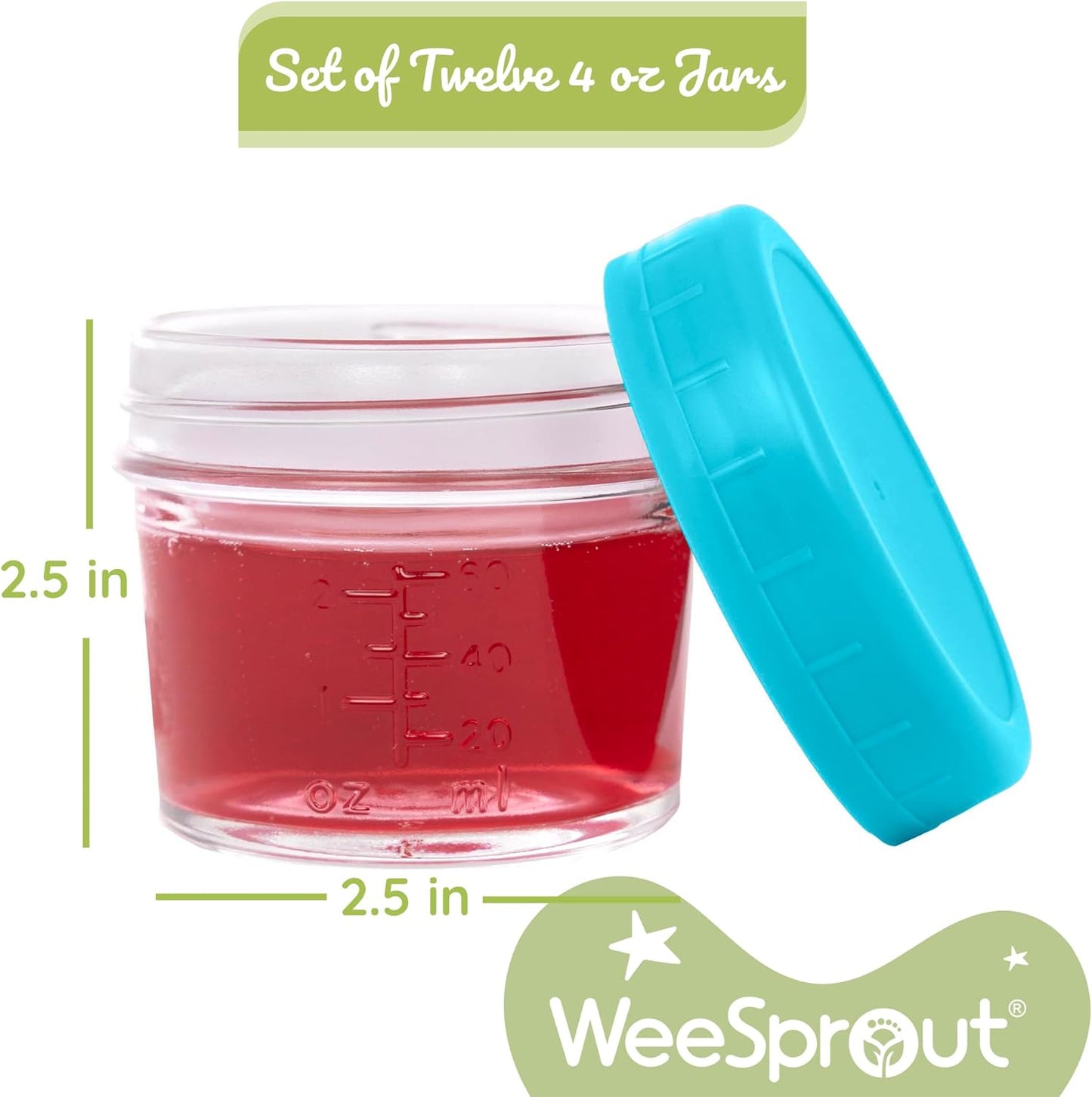 WeeSprout Glass Baby Food Storage Jars w/Lids (4 oz, 12 Pack Set) Snack, Puree, Reusable Small Containers, Breast Milk, Fridge or Freezer, Microwave & Dishwasher Safe, Essential Must Have for Infants