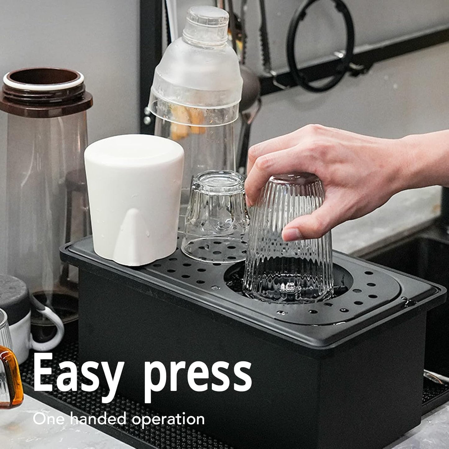 Pitcher Rinser, Stainless Steel Kitchen Sink Glass Rinser with Drain and Drip Tray, Countertop Automatic Cup Washer for Bar, Home, Cafe, Restaurant, Household & Commercial (Black) (Large)