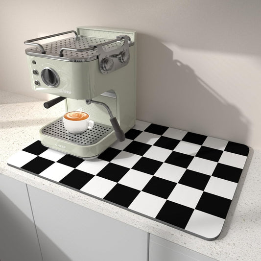 BLESWIN Dish Drying Mat for Kitchen, 15.7¡¯¡¯ X 17.7¡¯¡¯ Coffee Bar Mats for Countertop Fit Under Coffee Maker, Hide Stain Rubber Backed Espresso Machine Absorbent Drying Pad, Black & White