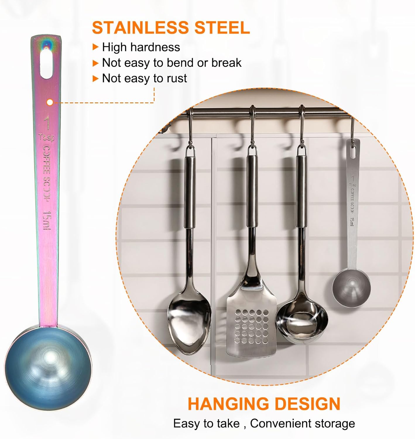 HARFINGTON Coffee Scoop Spoon 1tbsp (3tsp, 15ml) 304 Stainless Steel Long Handle Teaspoon/Tablespoon Measuring Spoons Scoops for Tea Sugar Kitchen, Multicolor