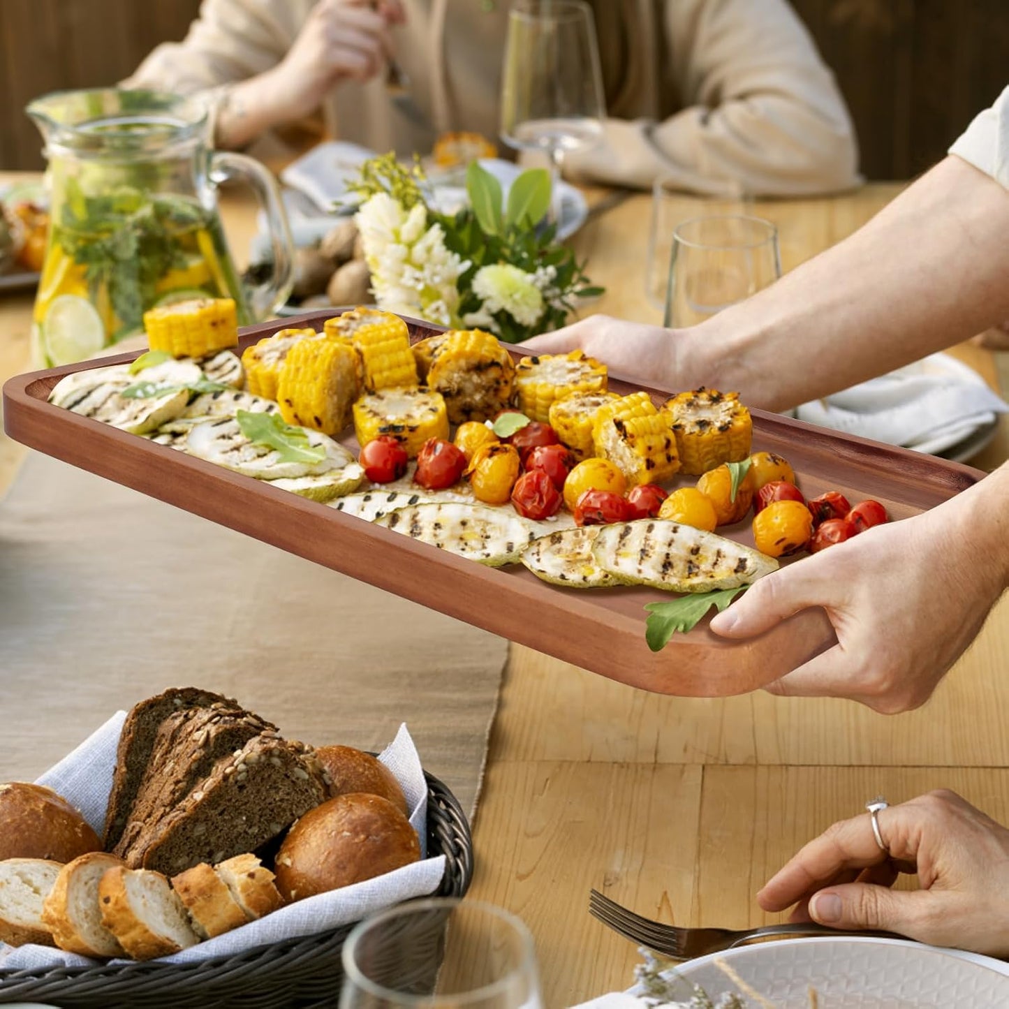 Large Wood Serving Trays Decor Long Charcuterie Cheese Boards Acacia Rectangle Wooden Platters for Food Dish Cookie Snack Appetizer Plates Rectangular Kitchen Dinner Platter Cake Dessert Plate Tray