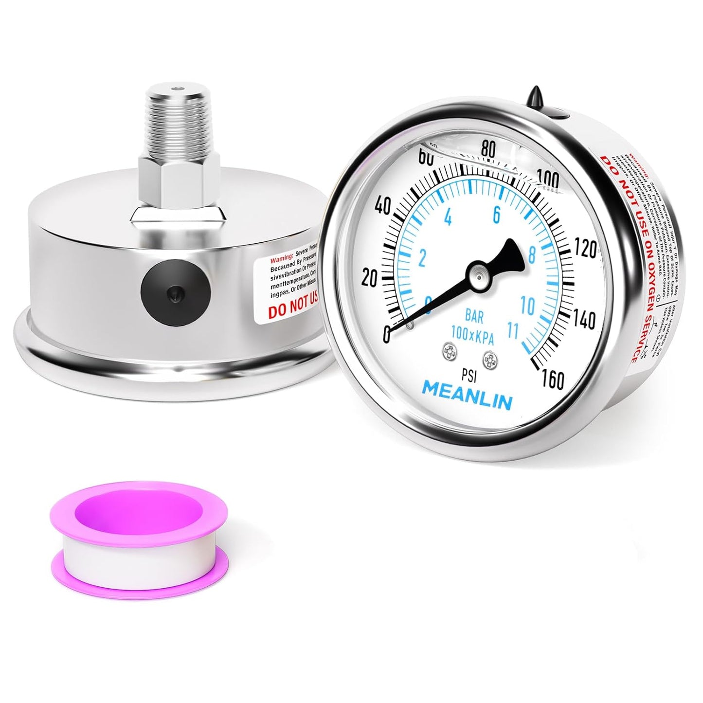 MEANLIN MEASURE 0~160Psi Liquid Filled Pressure Gauge Stainless Steel with 316 Stainless Steel Joint 1/4" NPT 2.5" FACE DIAL for Air Compressor RV Regulator Water Pressure Tester Center Back Mount