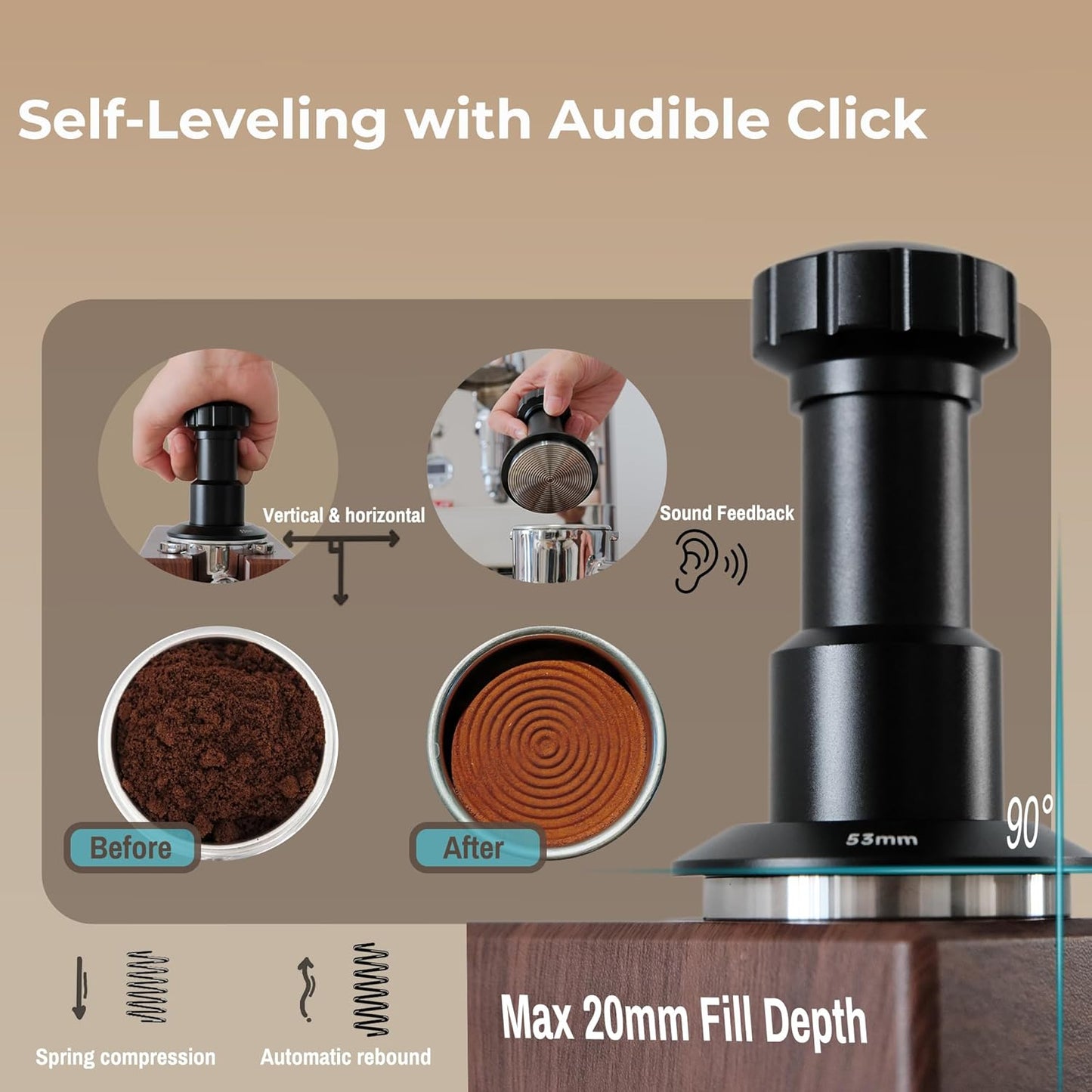 Coffee Tamper 51mm, Spring Loaded Espresso Tamper with 25lb/30lb/35lb Calibrated Springs, Sound Feedback & Ripple Base for Even Extraction, Espresso Accessories
